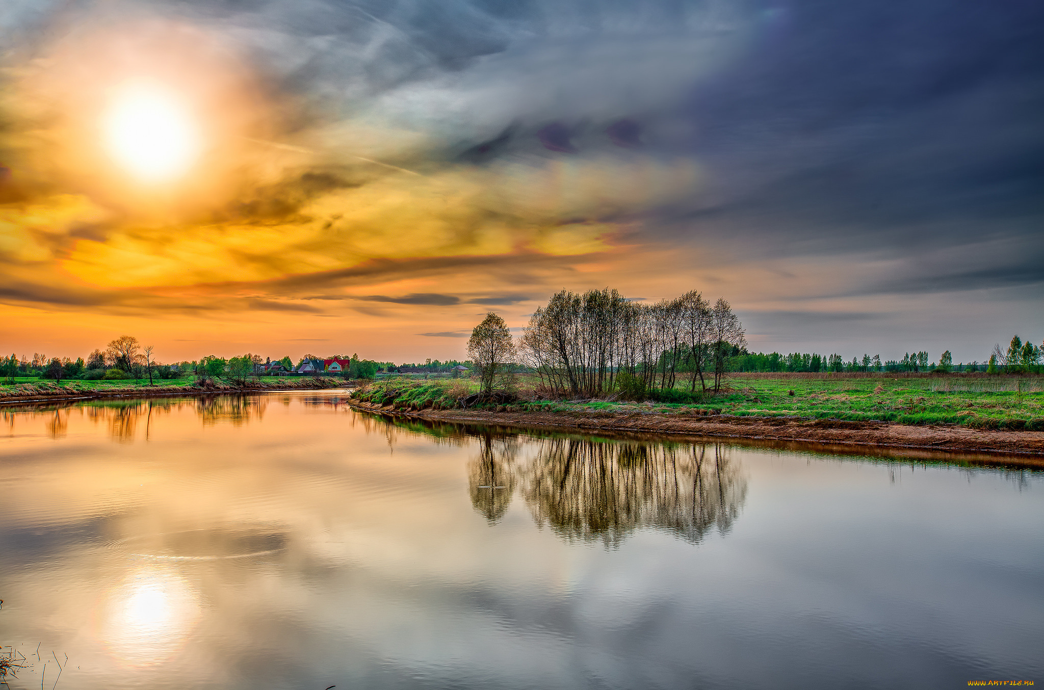 природа, восходы, закаты, река, солнце, тучи