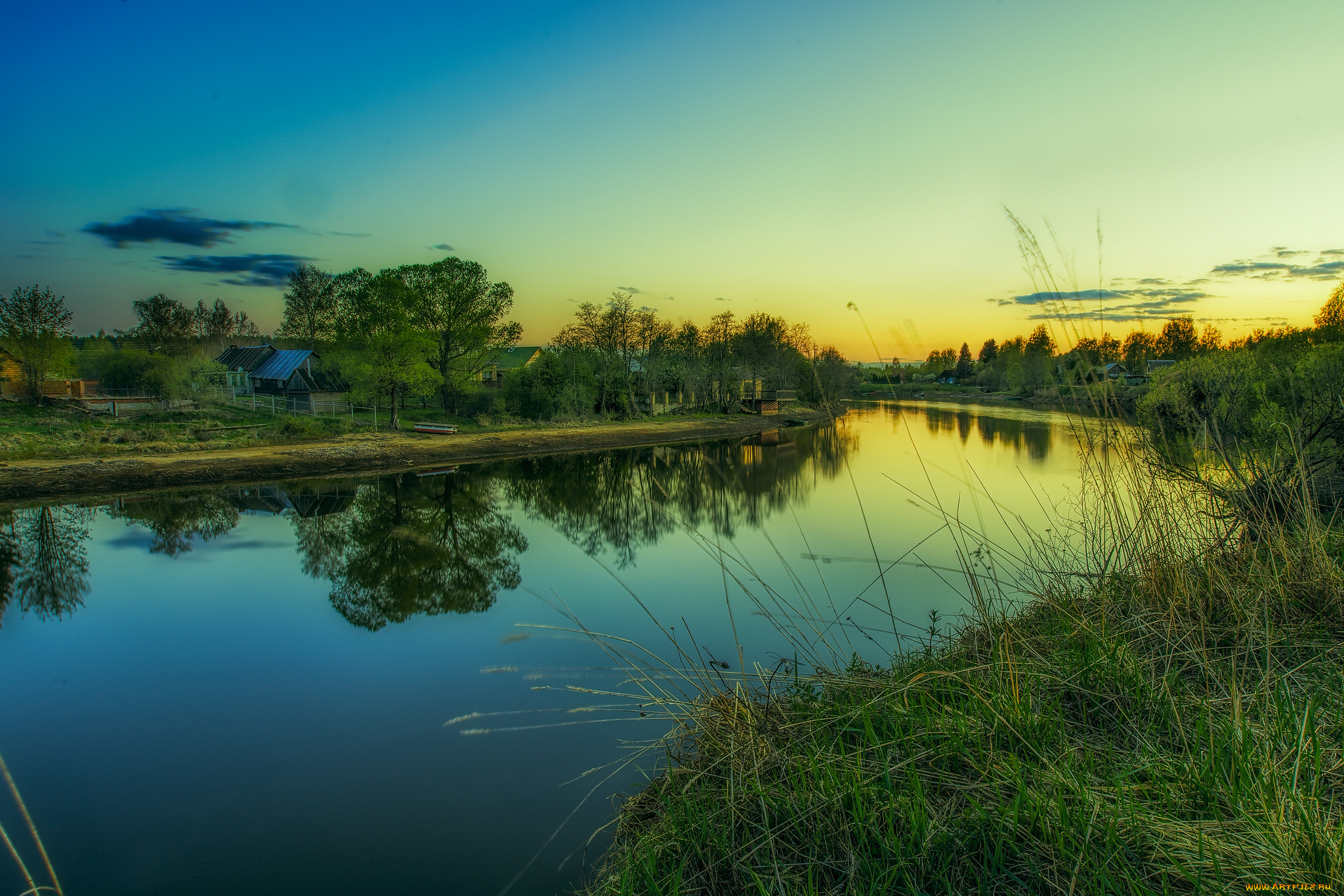 природа, реки, озера, утро, трава, река