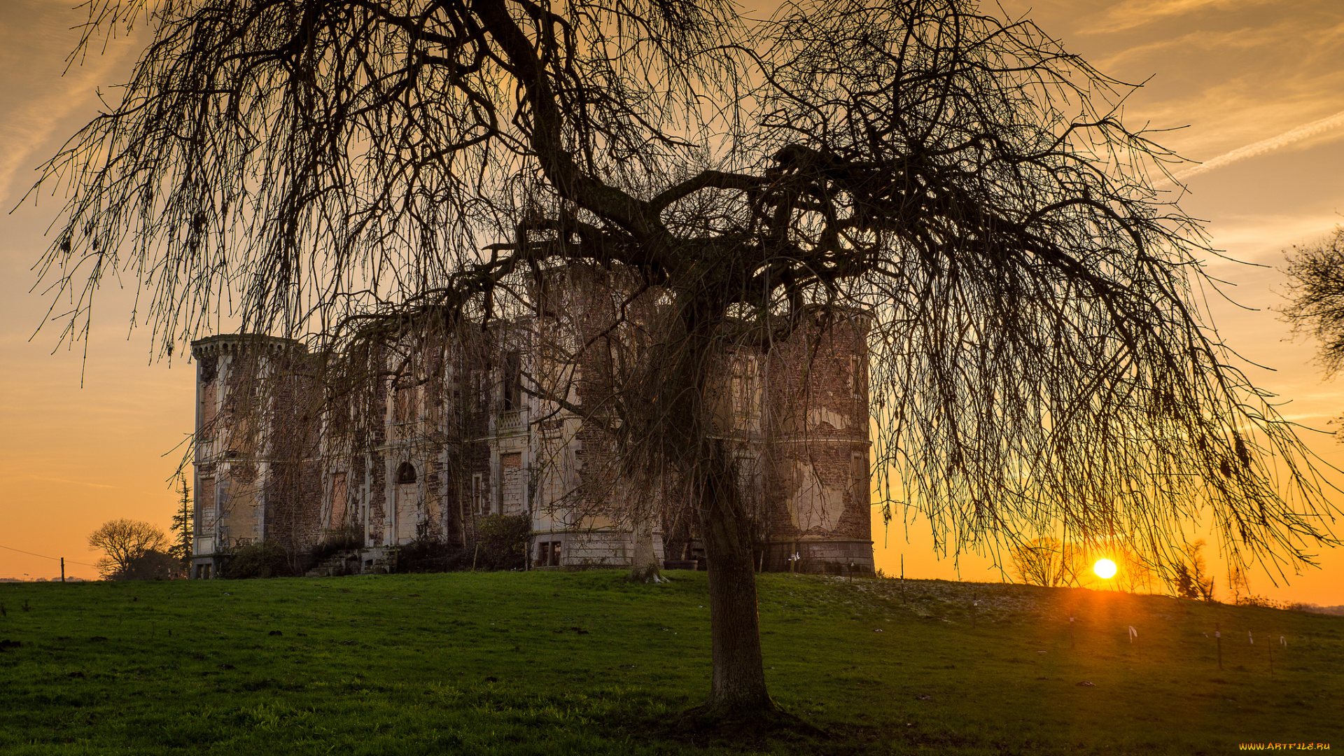 bretagne-iffendic-the, abandoned, castle, города, -, пейзажи, замок, заря