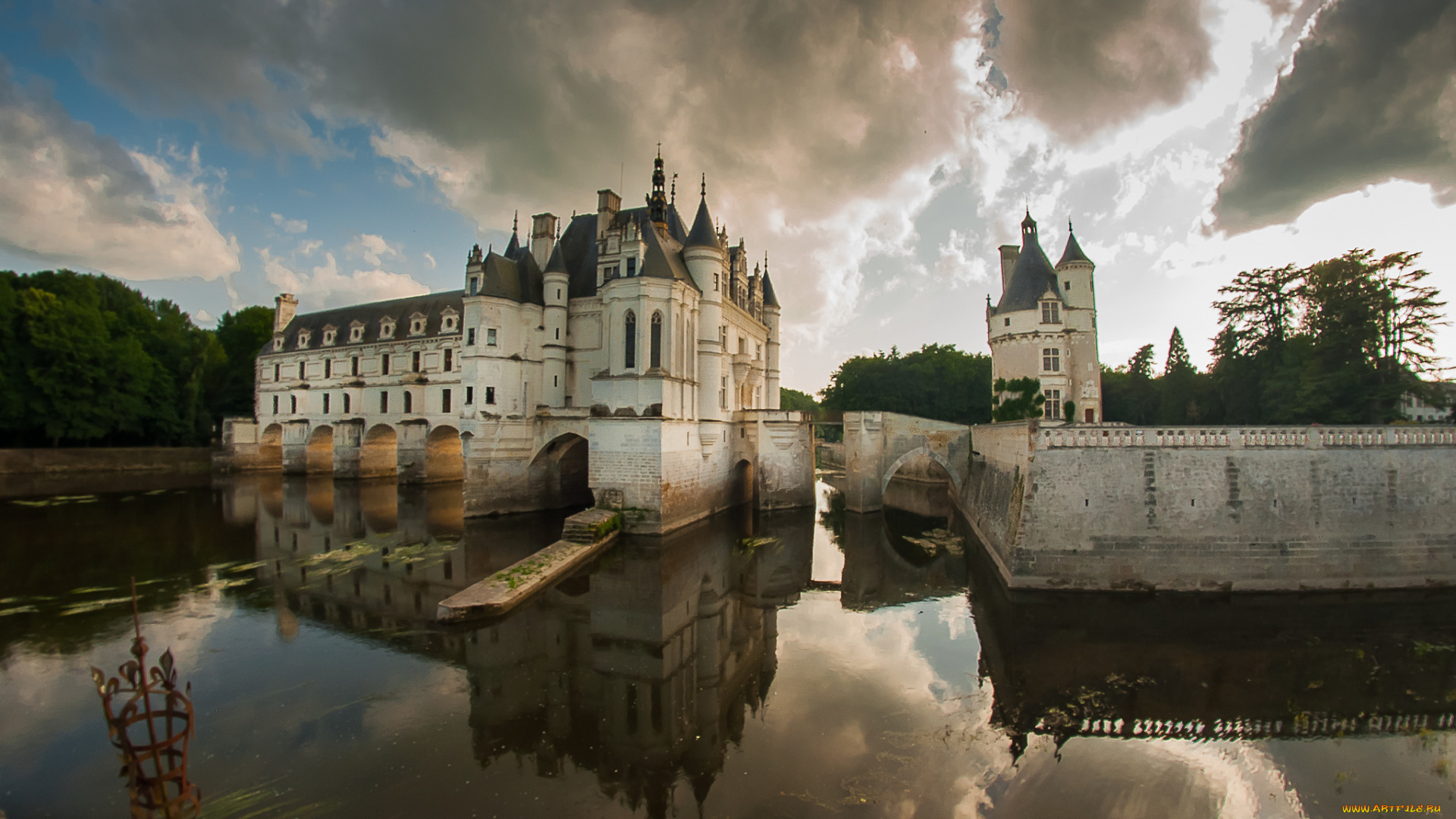 chenonceau-le, ch&, 226, teau, города, замки, франции, замок, пруд, парк