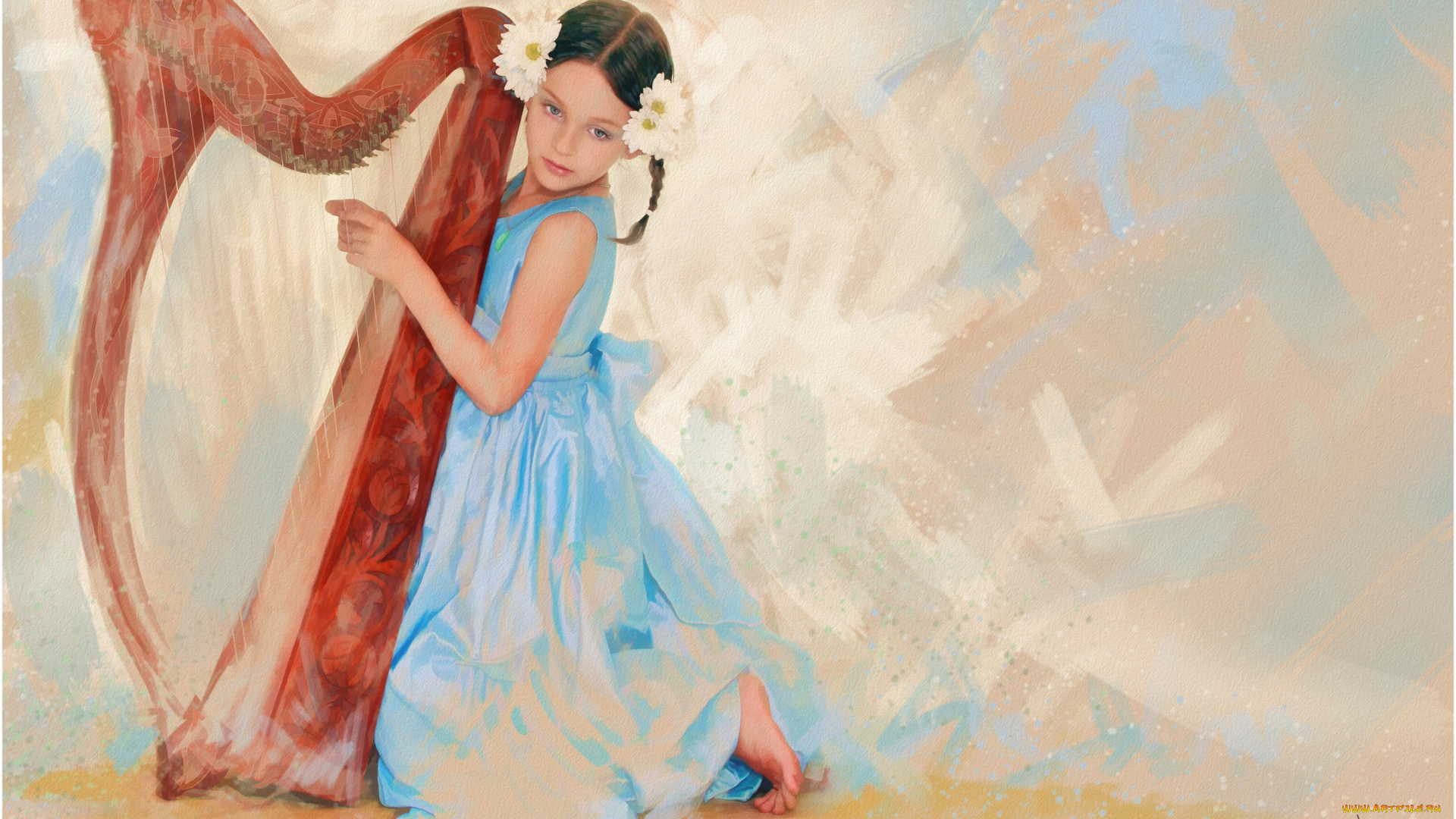 рисованное, дети, девочка, живопись, бежевый, музыкальный, инструмент, голубой, музыкант, музыка, арфа, нежно, пастельные, тона, графика, рисунок, картина, платье