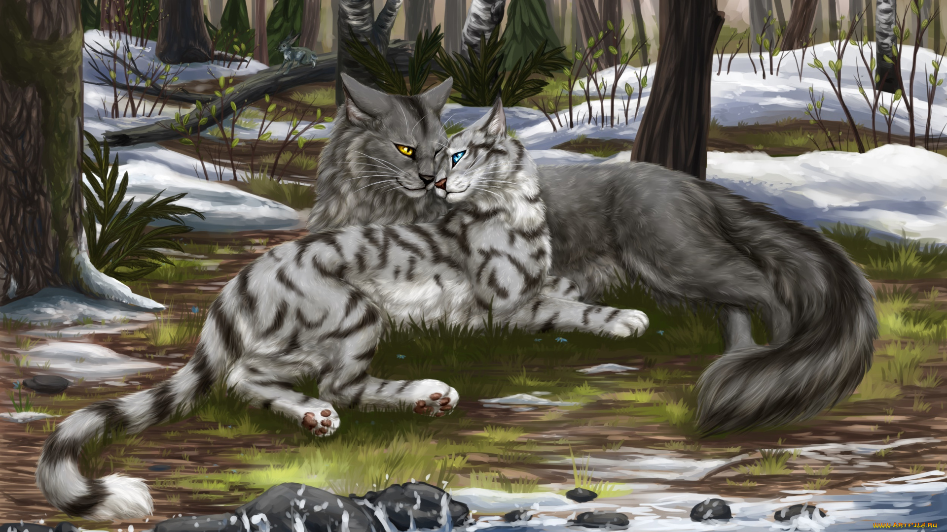рисованное, животные, , коты, коты, ручей, снег, лес