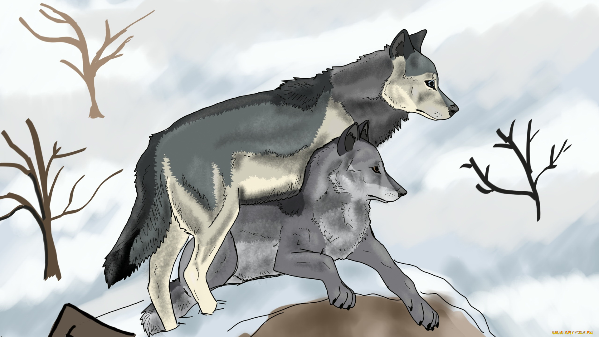 рисованное, животные, , волки, днревья, снег, волки