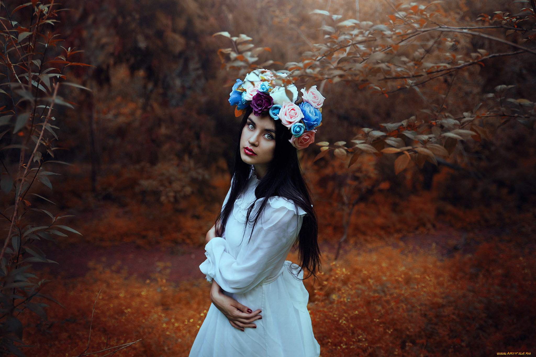 девушки, -unsort, , брюнетки, , шатенки, взгляд, венок, настроение, лес, цветы