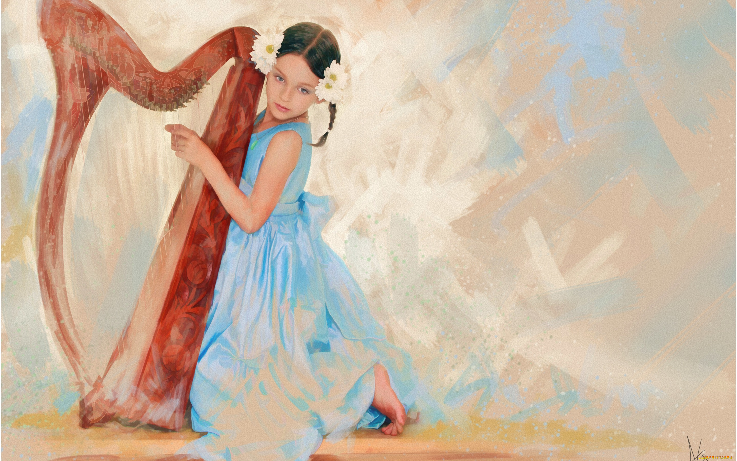 рисованное, дети, девочка, живопись, бежевый, музыкальный, инструмент, голубой, музыкант, музыка, арфа, нежно, пастельные, тона, графика, рисунок, картина, платье