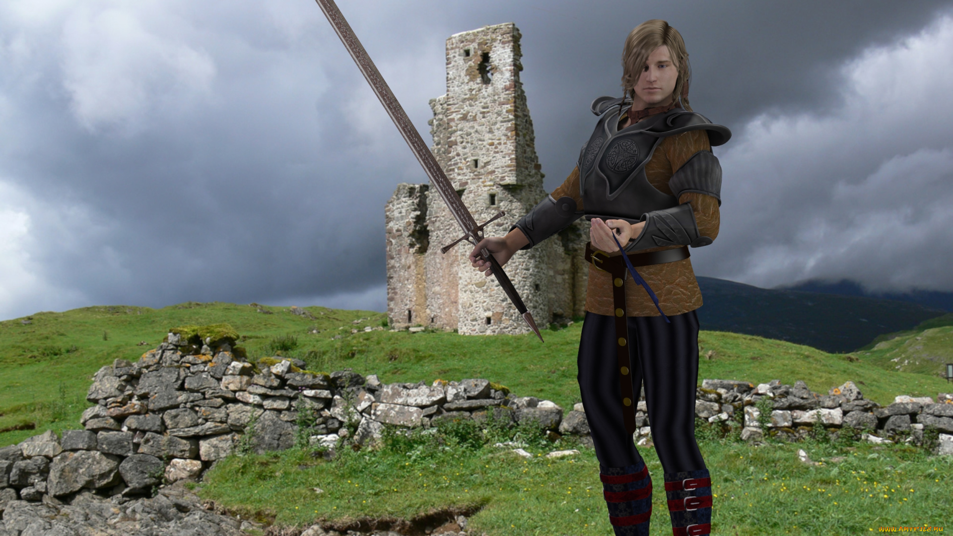 3д, графика, фантазия, , fantasy, взгляд, оружие, мужчина, фон