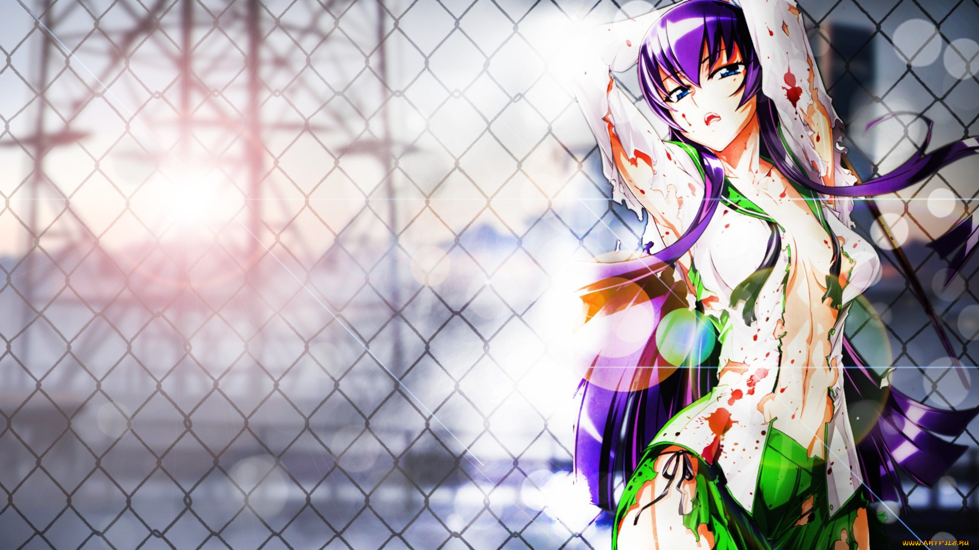 аниме, highschool, of, the, dead, девушка, персонаж, решетка, забор, кровь
