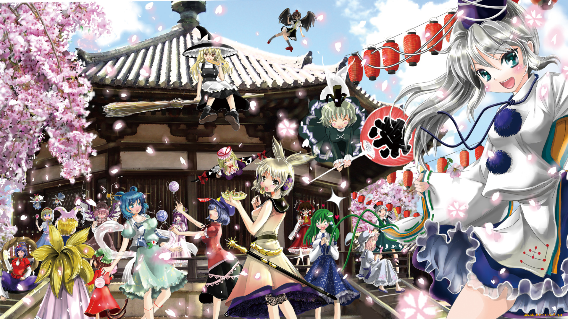 аниме, touhou, девушки, взгляд, фон