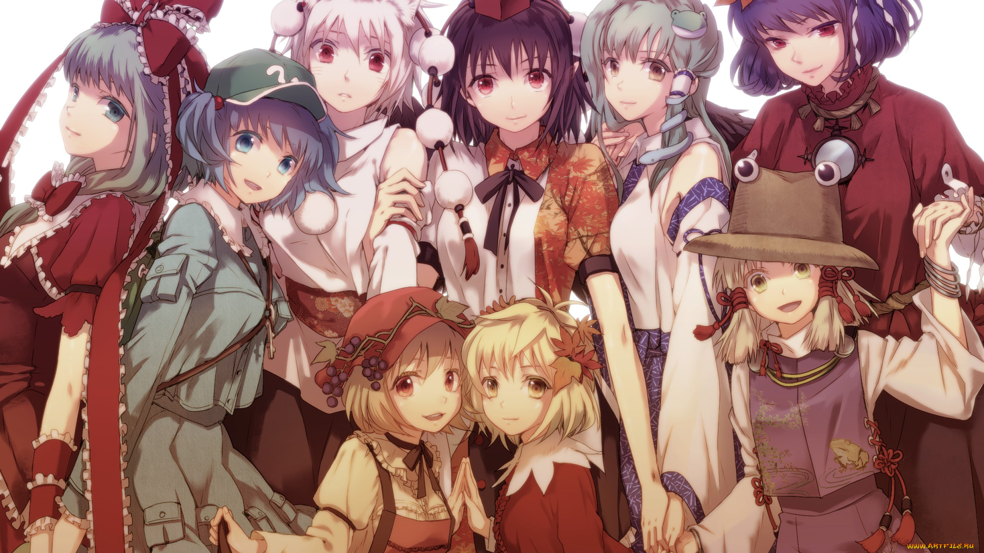 аниме, touhou, девушки, взгляд, фон