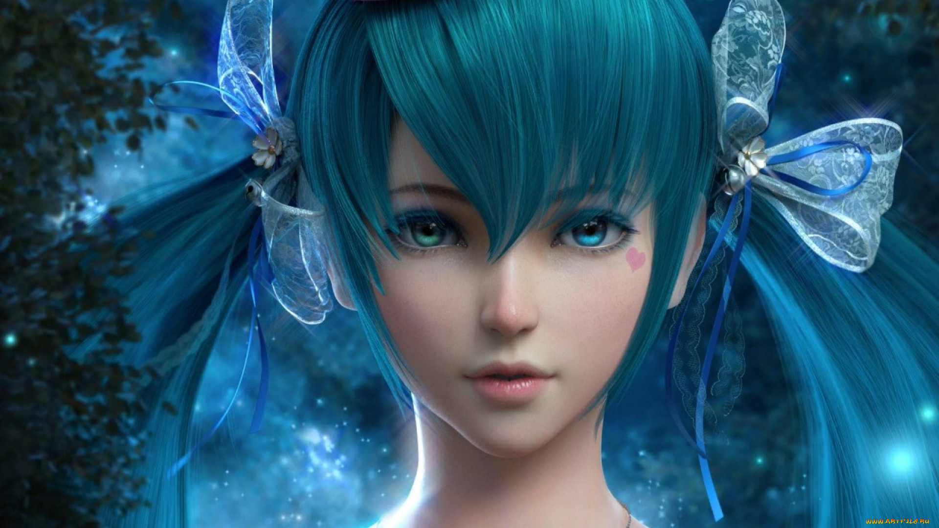 аниме, vocaloid, hatsune, miku, сердечко, бант, 3d, голубые, волосы, сияние, вокалоид, лицо