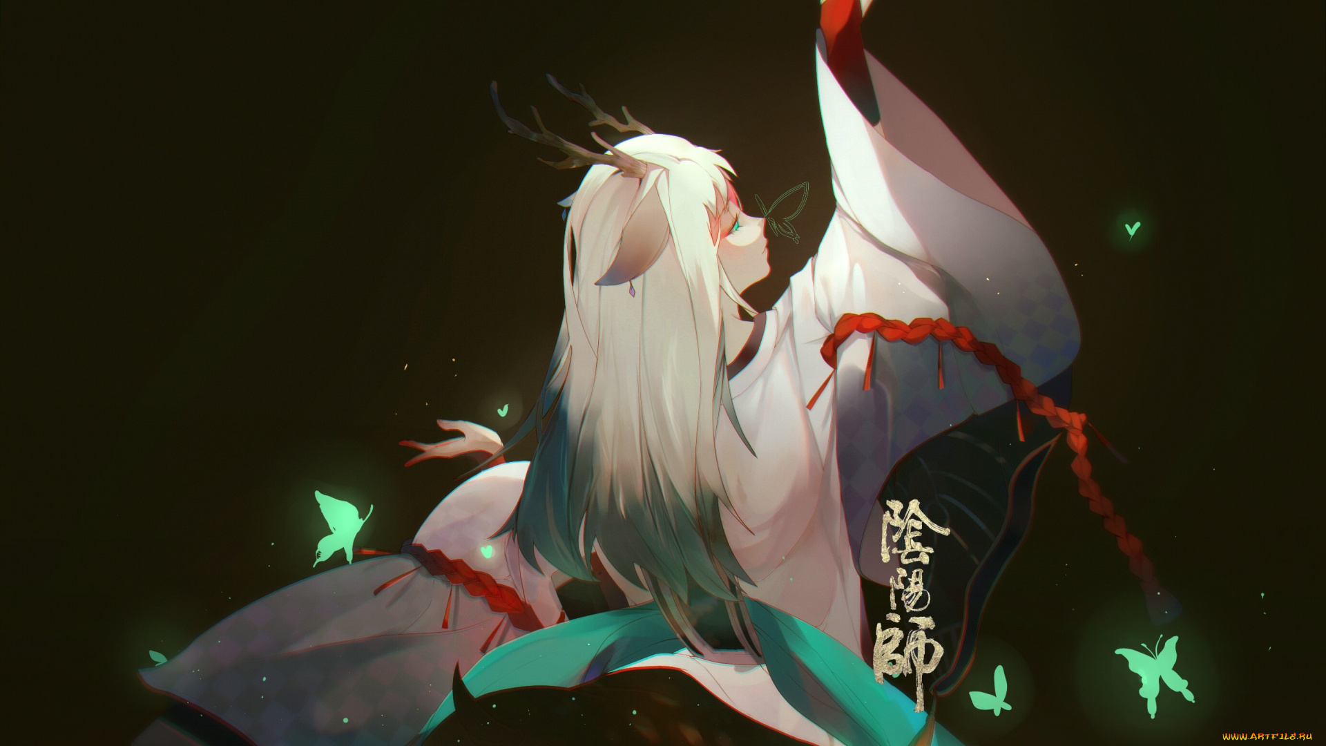 аниме, животные, , существа, фавн, арт, бабочки, фэнтези, девуша