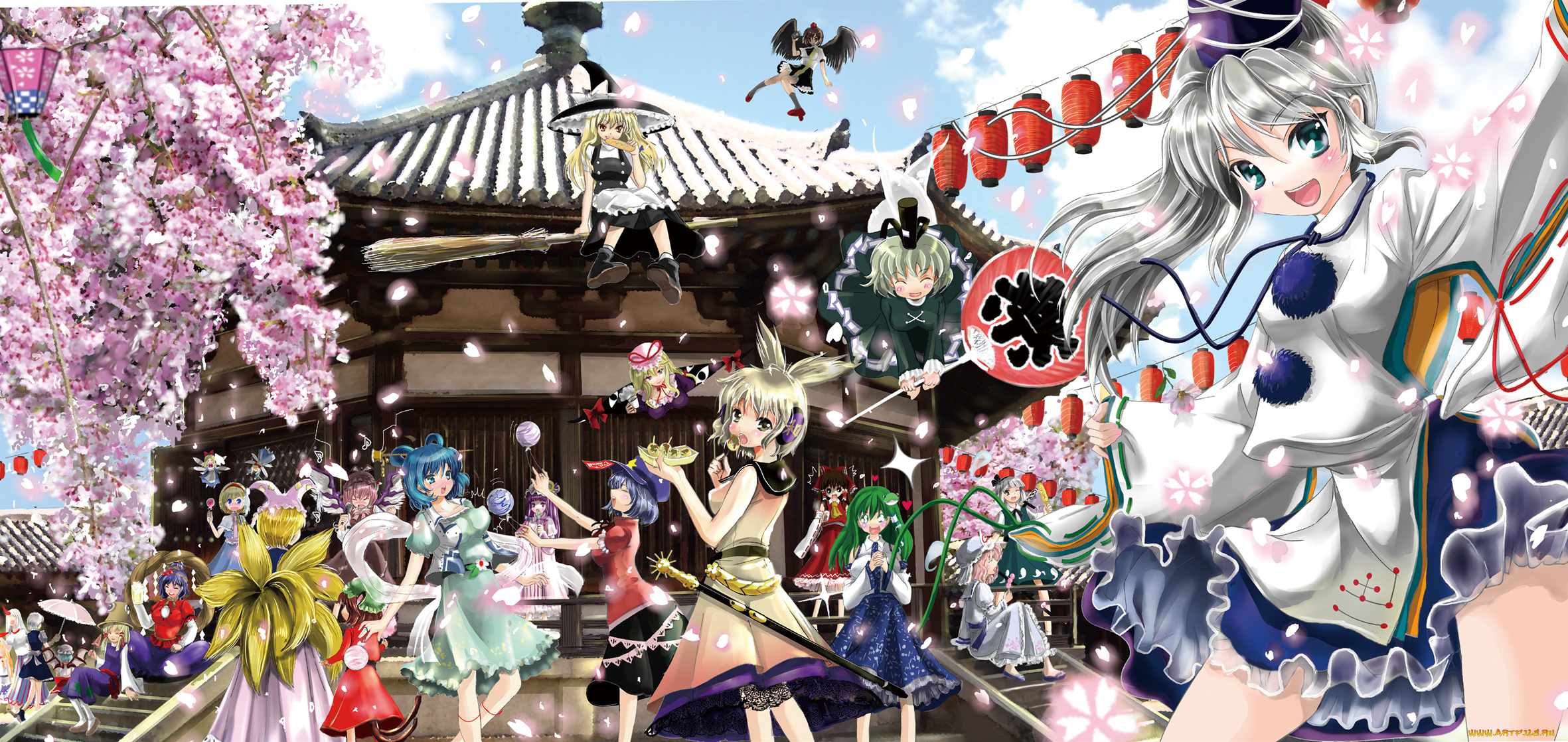 аниме, touhou, девушки, взгляд, фон