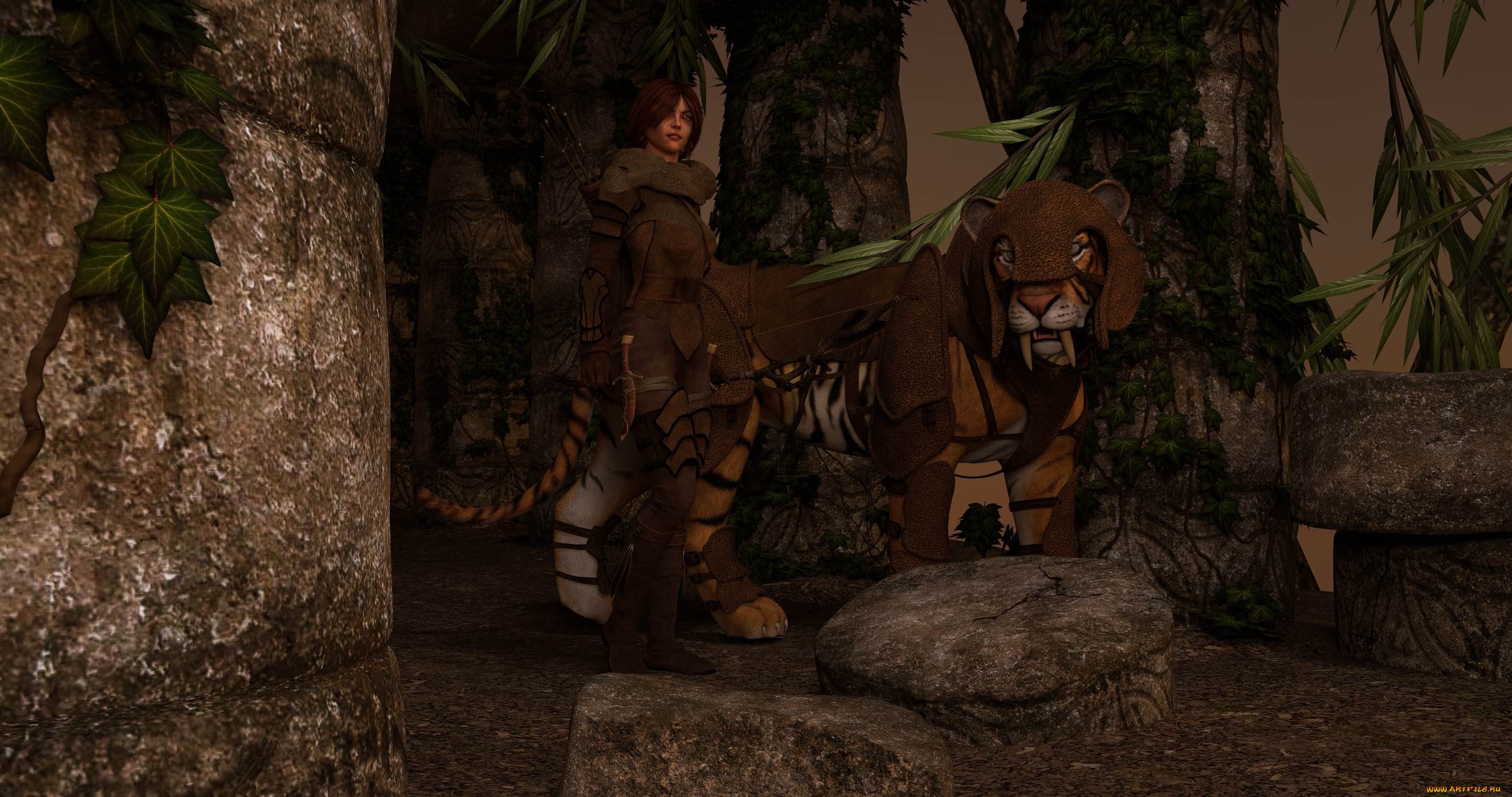 3д, графика, фантазия, , fantasy, девушка, взгляд, фон, тигр