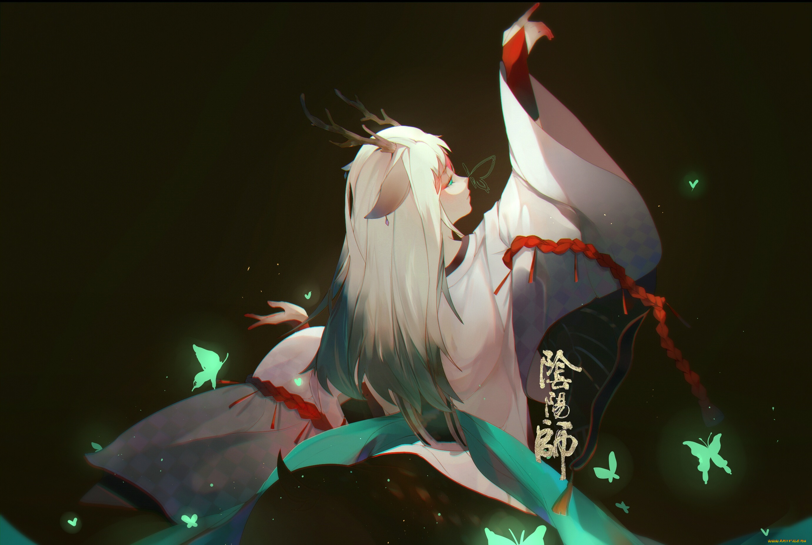 аниме, животные, , существа, фавн, арт, бабочки, фэнтези, девуша