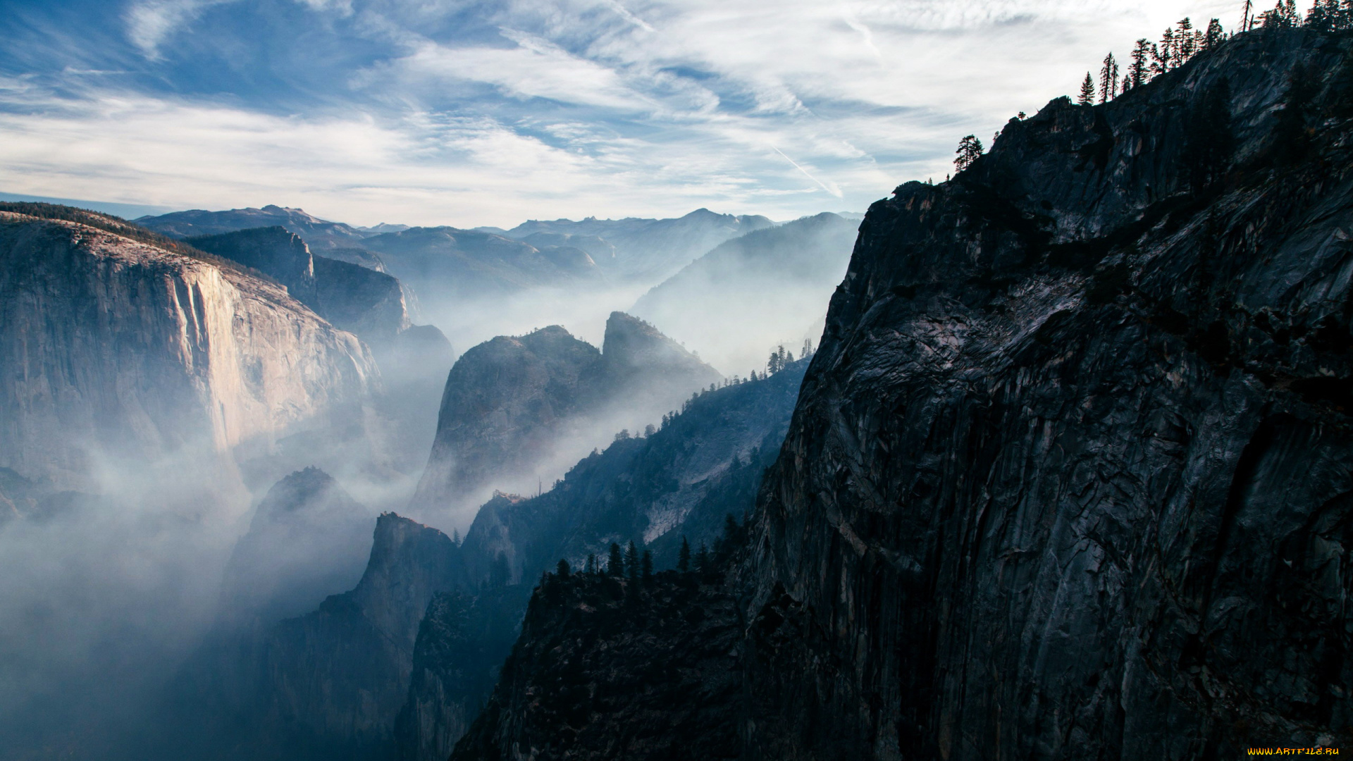 природа, горы, туман, вершины