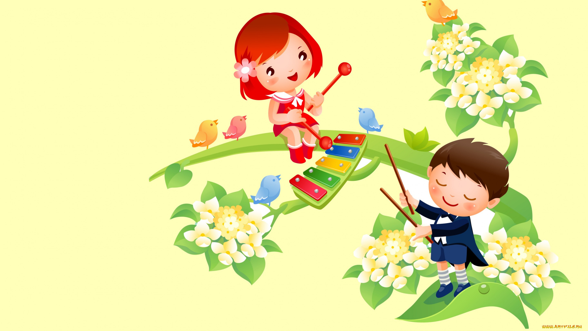 векторная, графика, дети, , children, музыка, мальчик, весна, вектор, девочка, цветы, арт, птичка, тепло, настроение