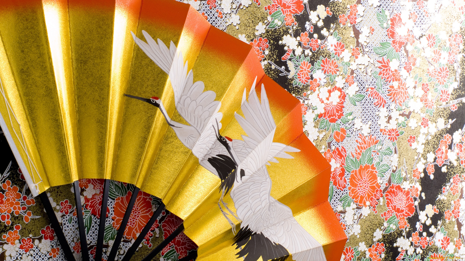 векторная, графика, животные, , animals, цурукамэ, красноголовые, японские, журавли, поверхность, стена, beautiful, background, кимоно, журавль, веер, текстура, орнамент, узор, японское, искусство