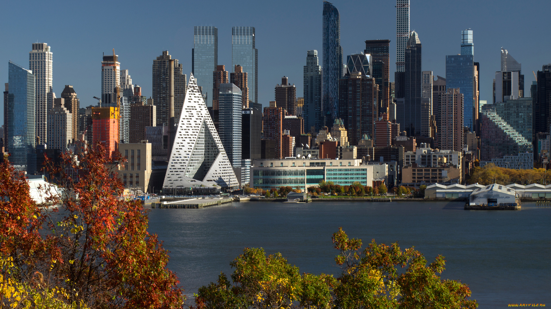 нью-йорк, , сша, города, нью-йорк, , сша, вода, деревья, рендеринг, nic, lehoux, городской, пейзаж, небоскреб, здание, архитектура