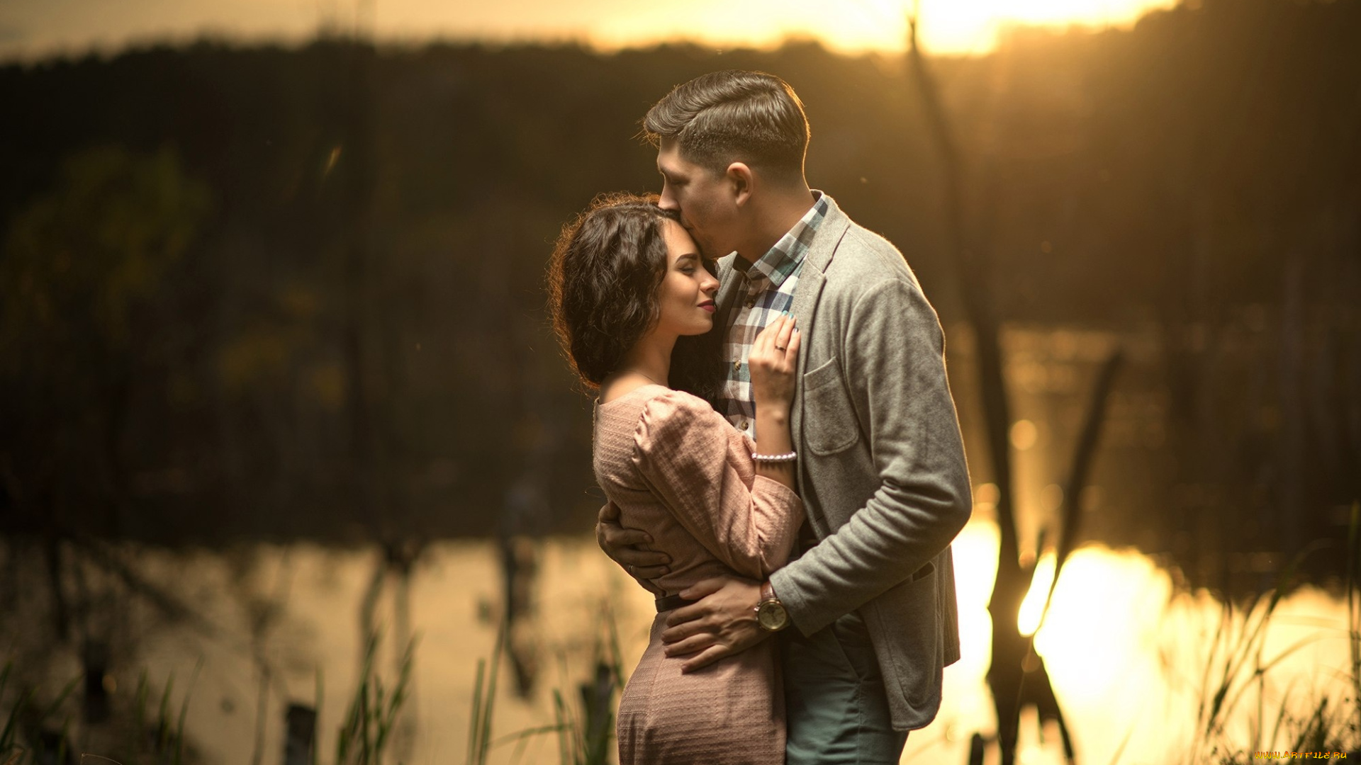 разное, мужчина, женщина, мужчина, пара, объятия, платье, романтика, река, девушка, влюбленные