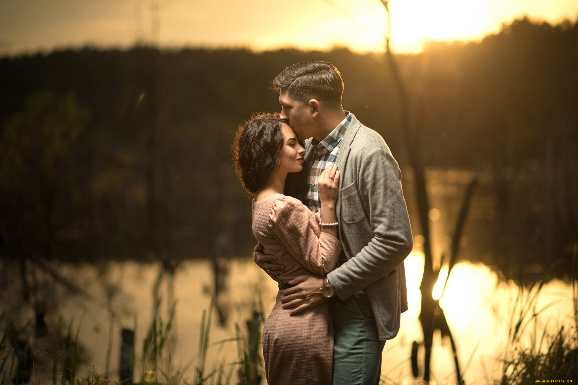 разное, мужчина, женщина, мужчина, пара, объятия, платье, романтика, река, девушка, влюбленные