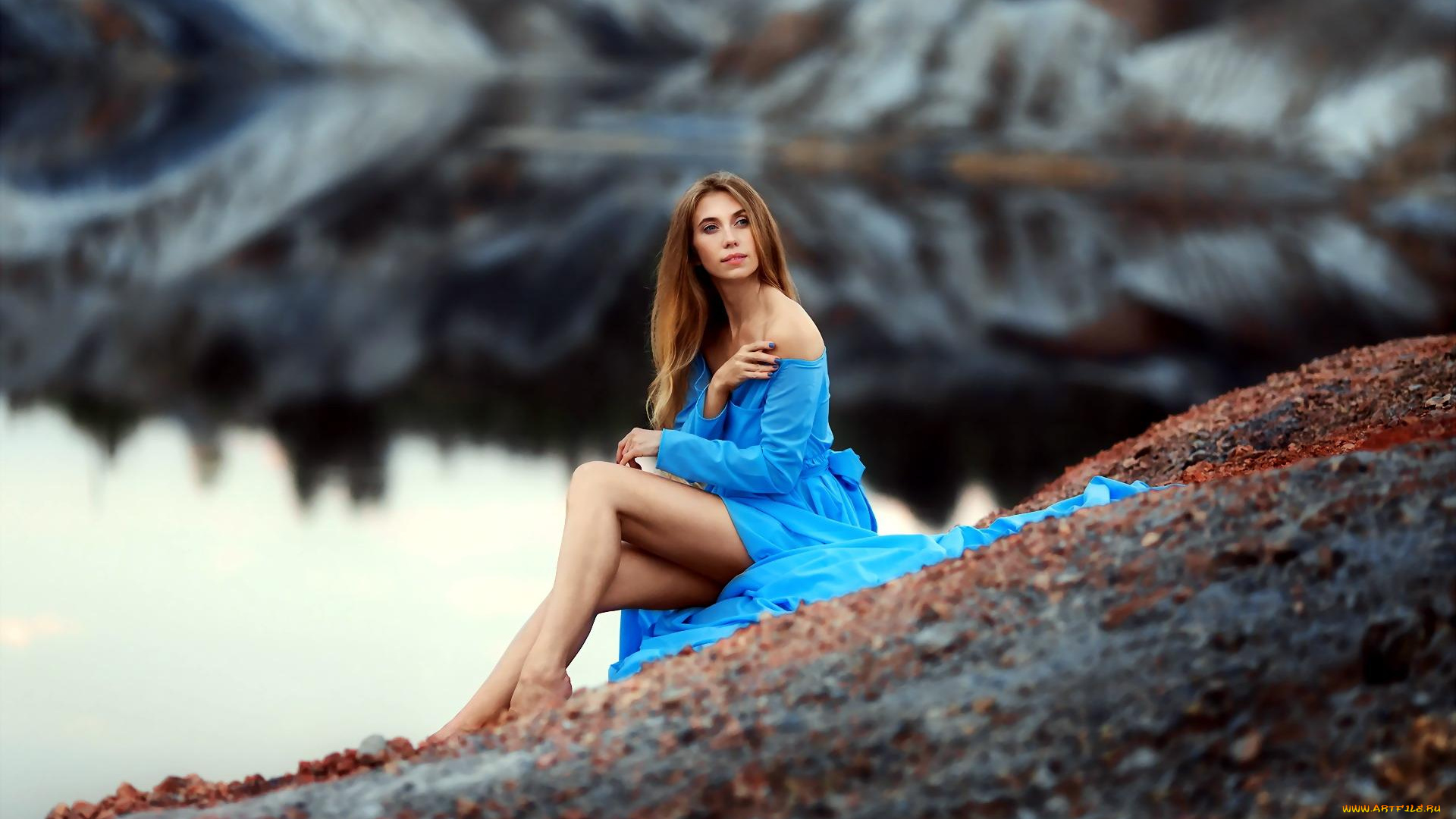 девушки, -, рыжеволосые, и, разноцветные, рыжая, платье, скалы, озеро