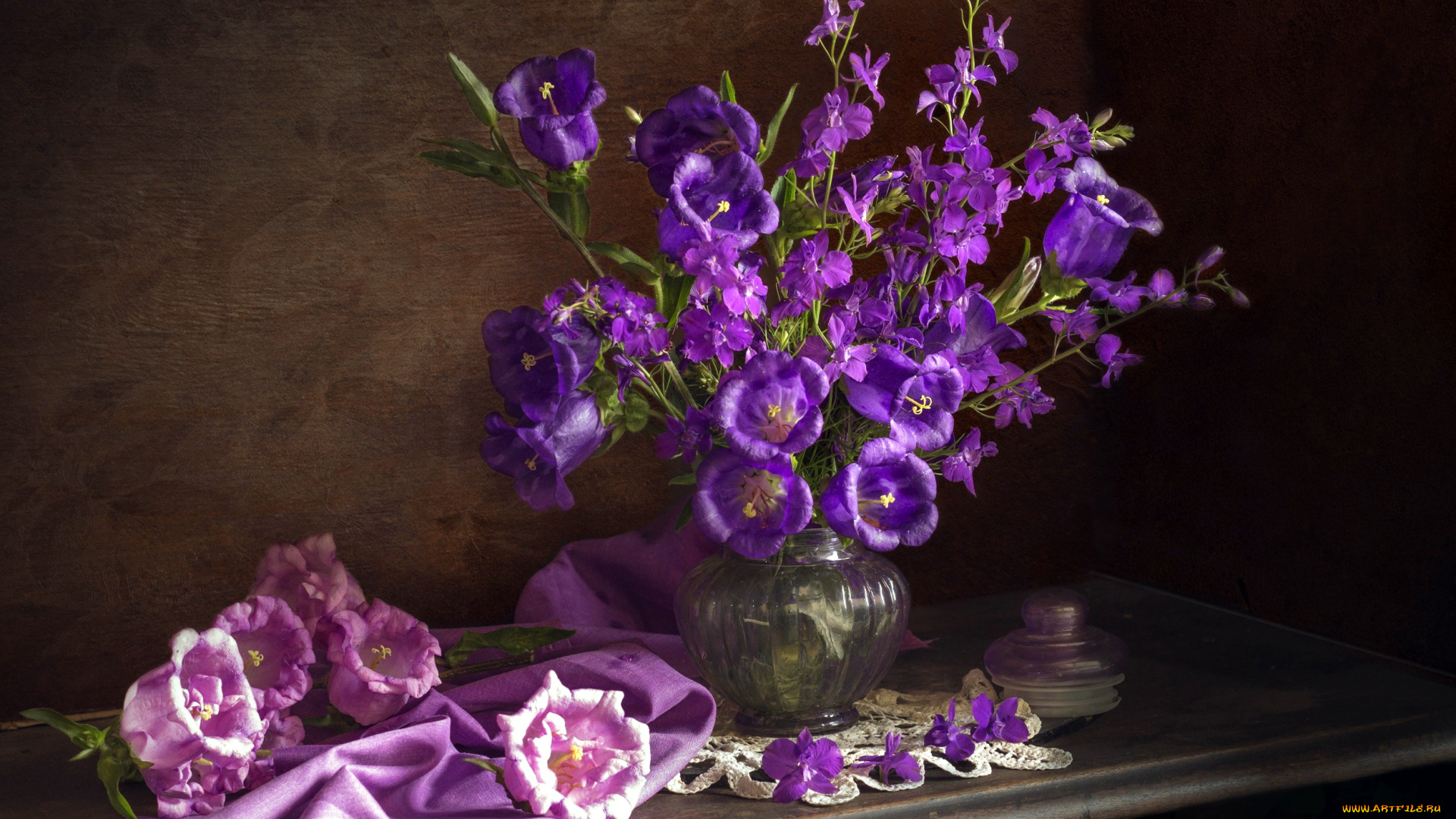 цветы, колокольчики, букет, розовые, лиловые