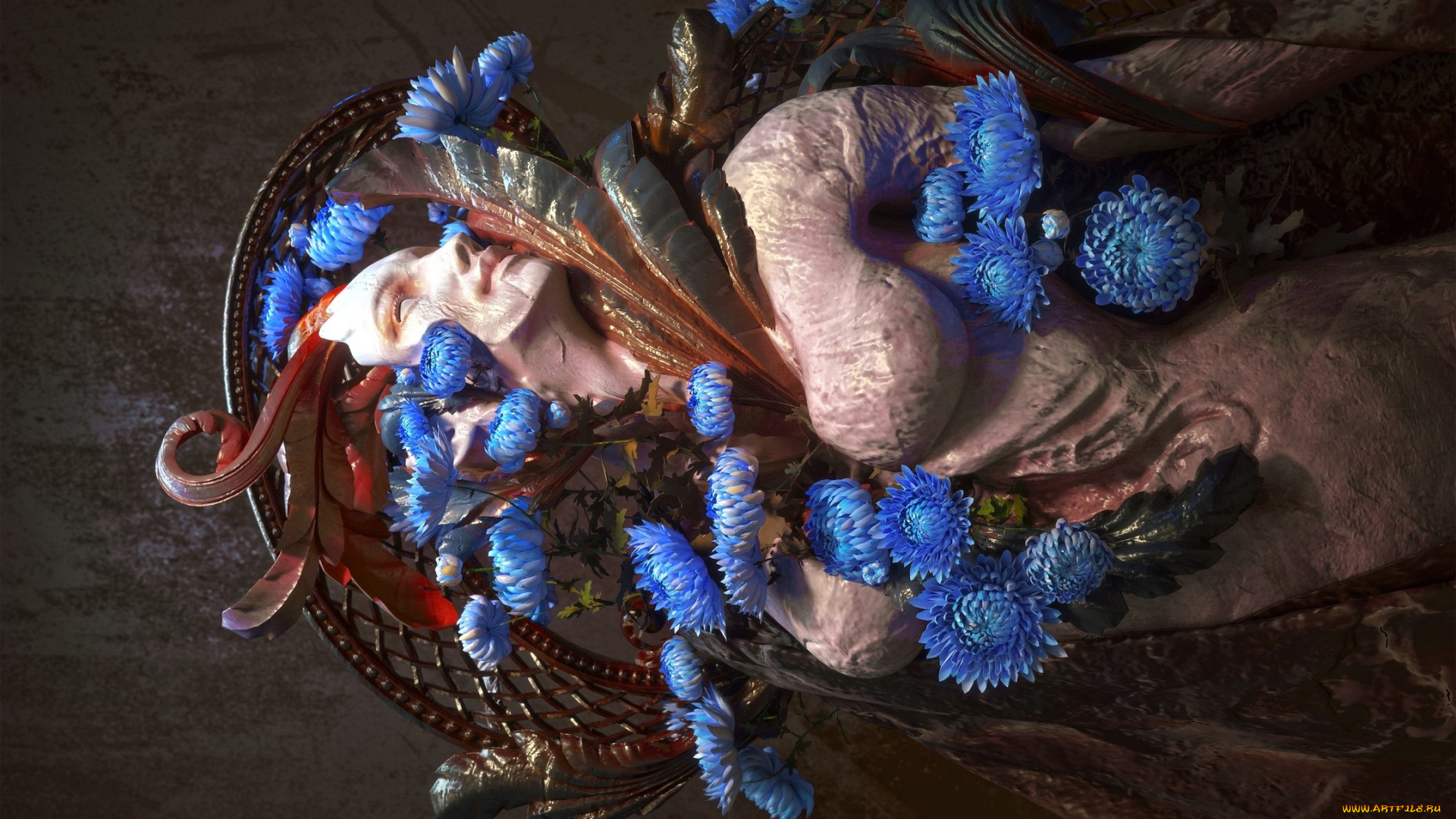 фэнтези, существа, женщина, цветы, хризантемы