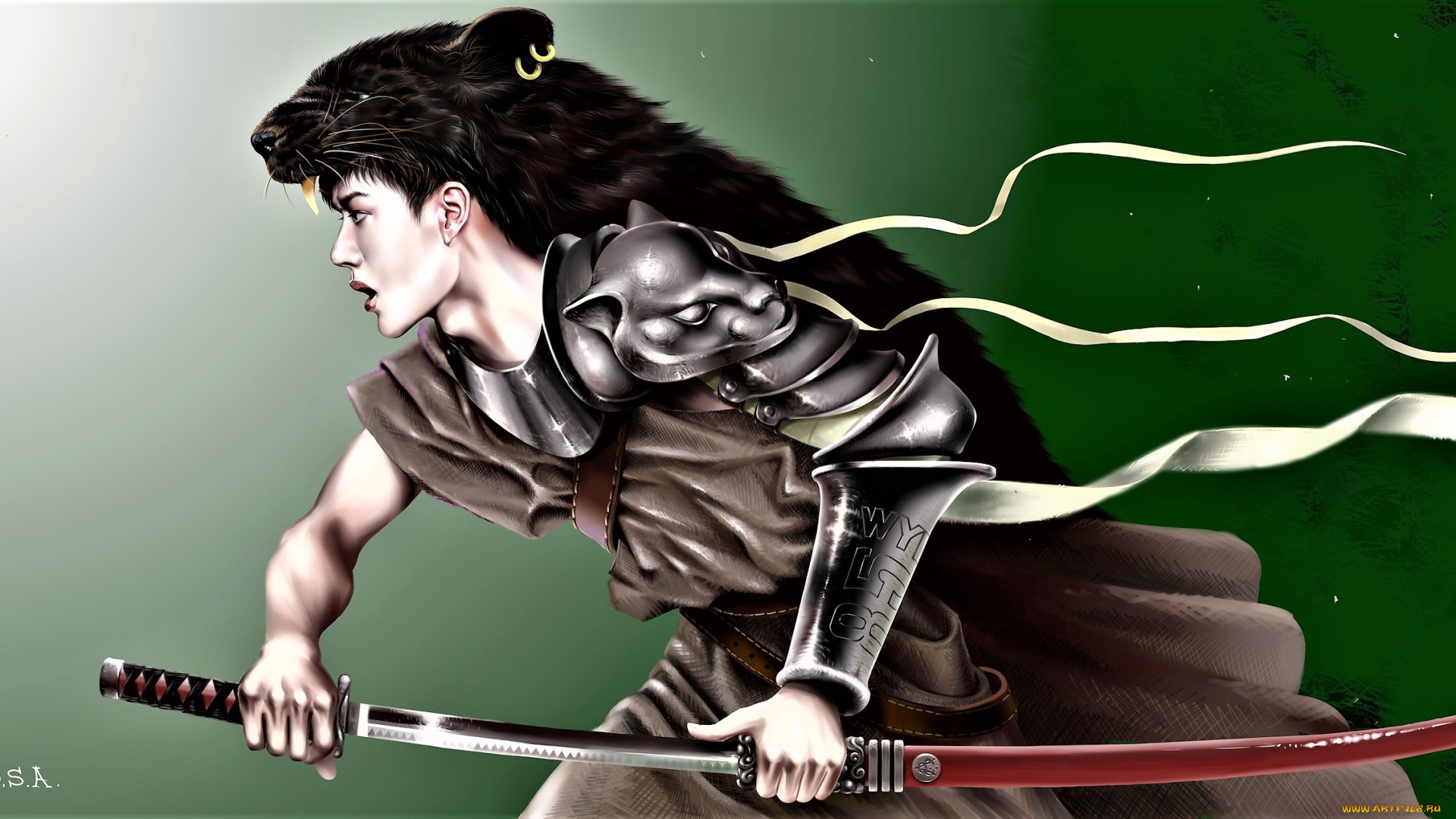 рисованное, люди, ван, ибо, воин, меч, пантера