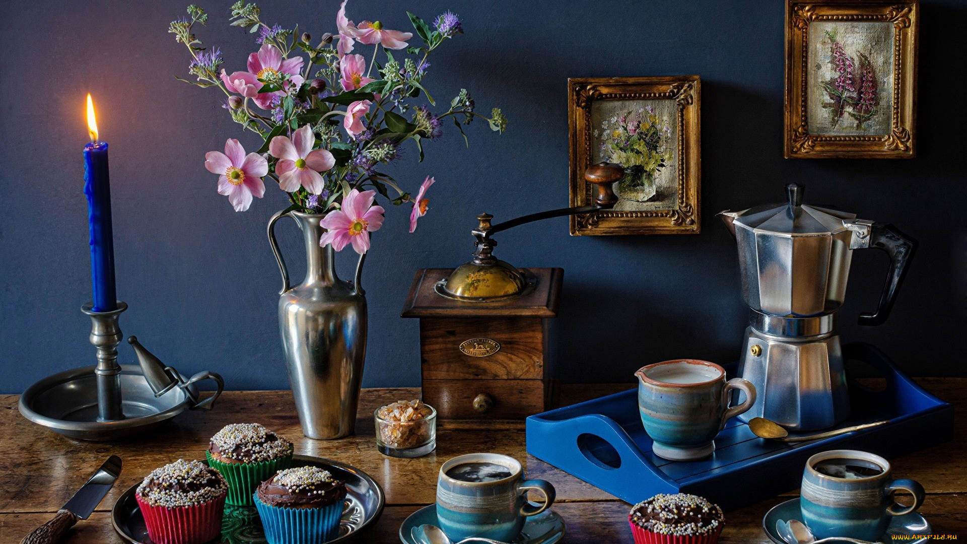 еда, натюрморт, свеча, кофейник, кофемолка, букет, кофе, кексы