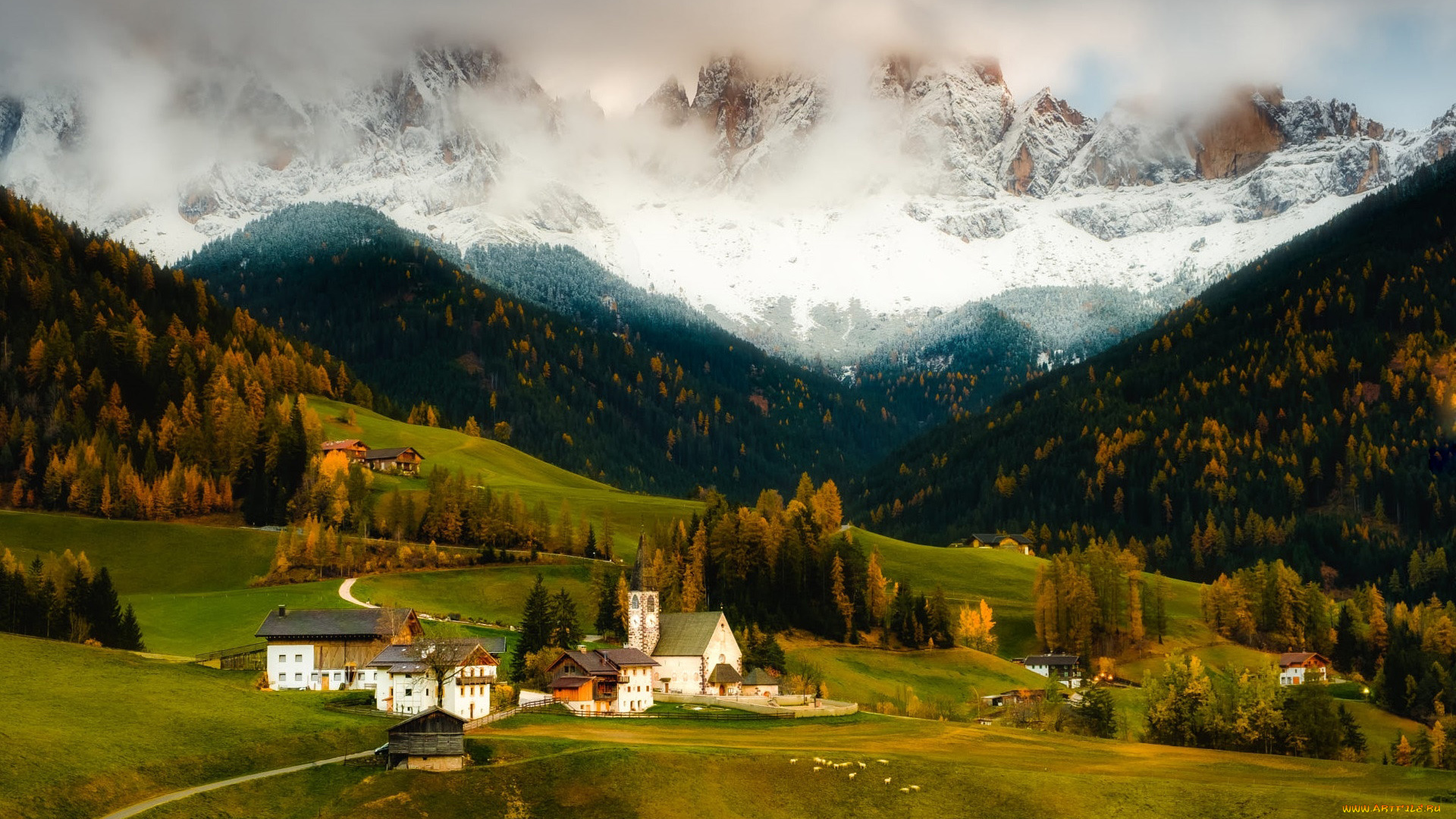 города, валь-де-фюнес, , санта-маддалена, , италия, горы, долина, дома, осень