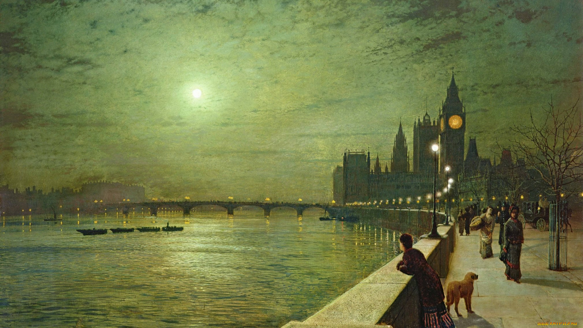 john, atkinson, grimshaw, рисованное, живопись, джон, эткинсон, гримшоу, луна, набережная, парапет, мост, река, фонари, лодки, биг, бен, лондон, англия