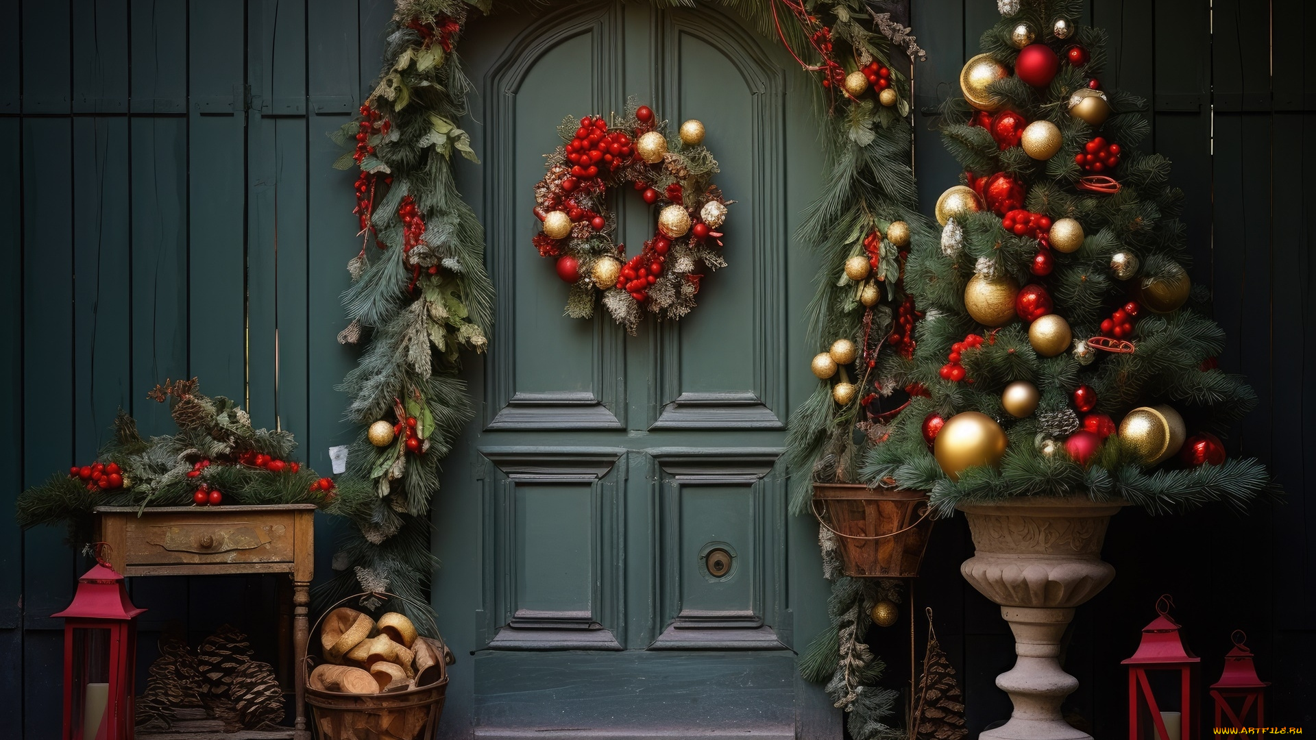 праздничные, ёлки, венок, елка, шарики, шишки, фонари