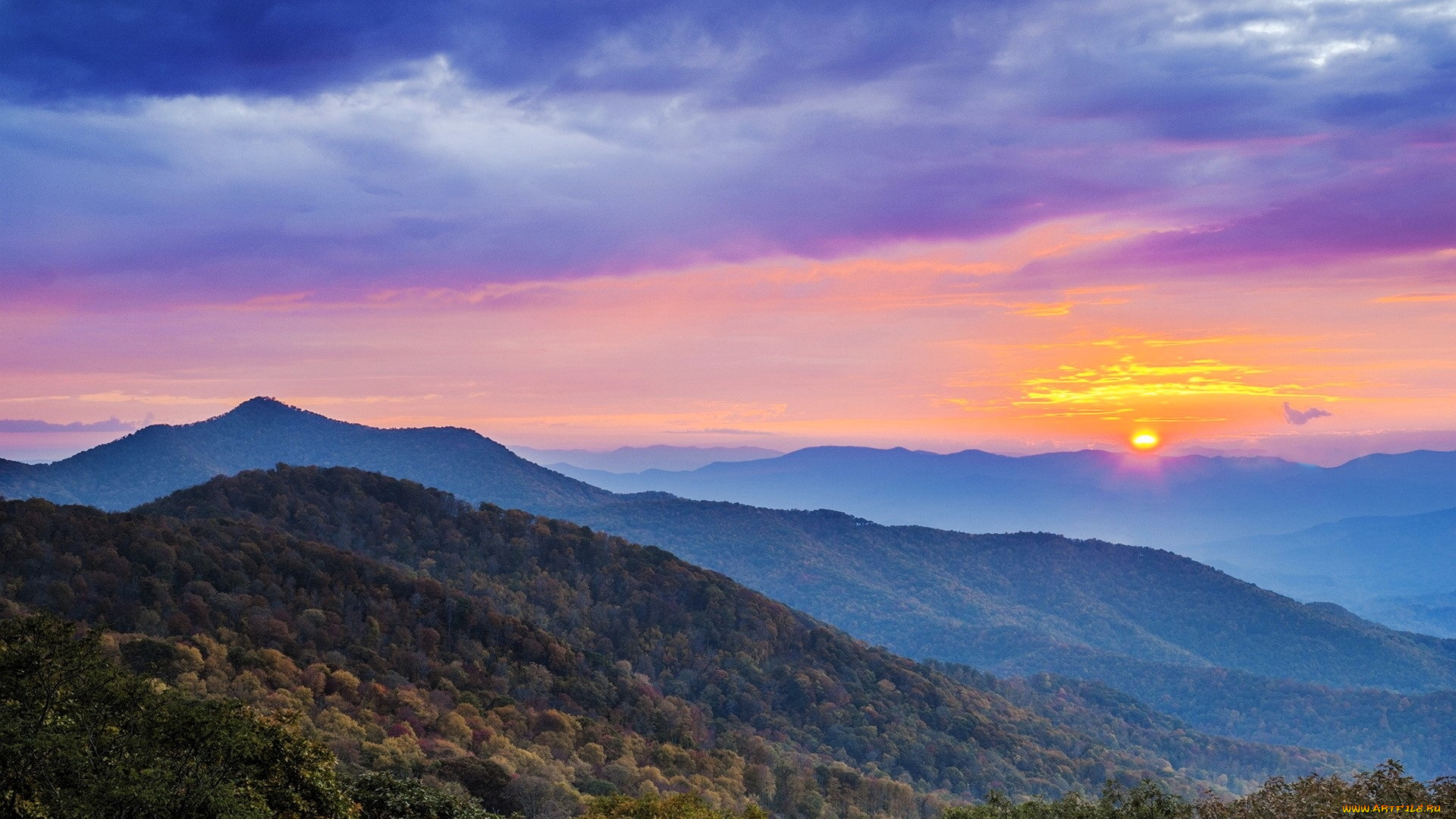 природа, горы, лес, закат, небо, облака