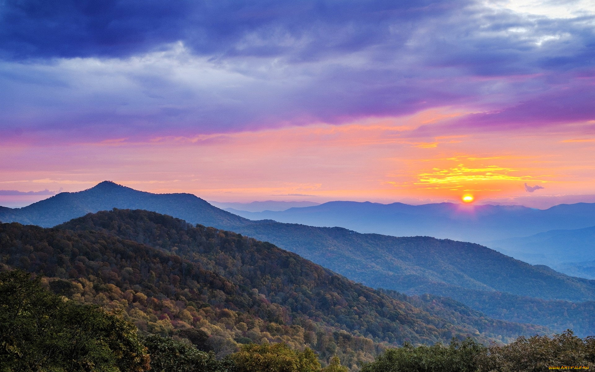 природа, горы, лес, закат, небо, облака