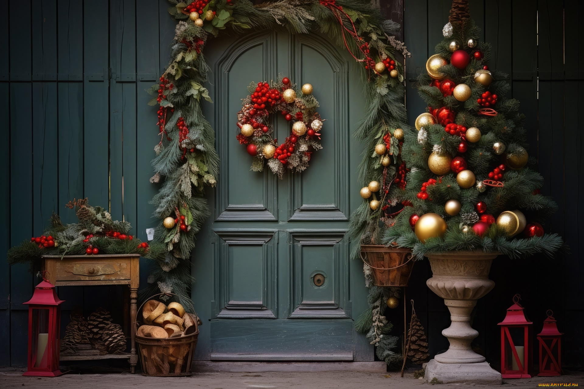 праздничные, ёлки, венок, елка, шарики, шишки, фонари