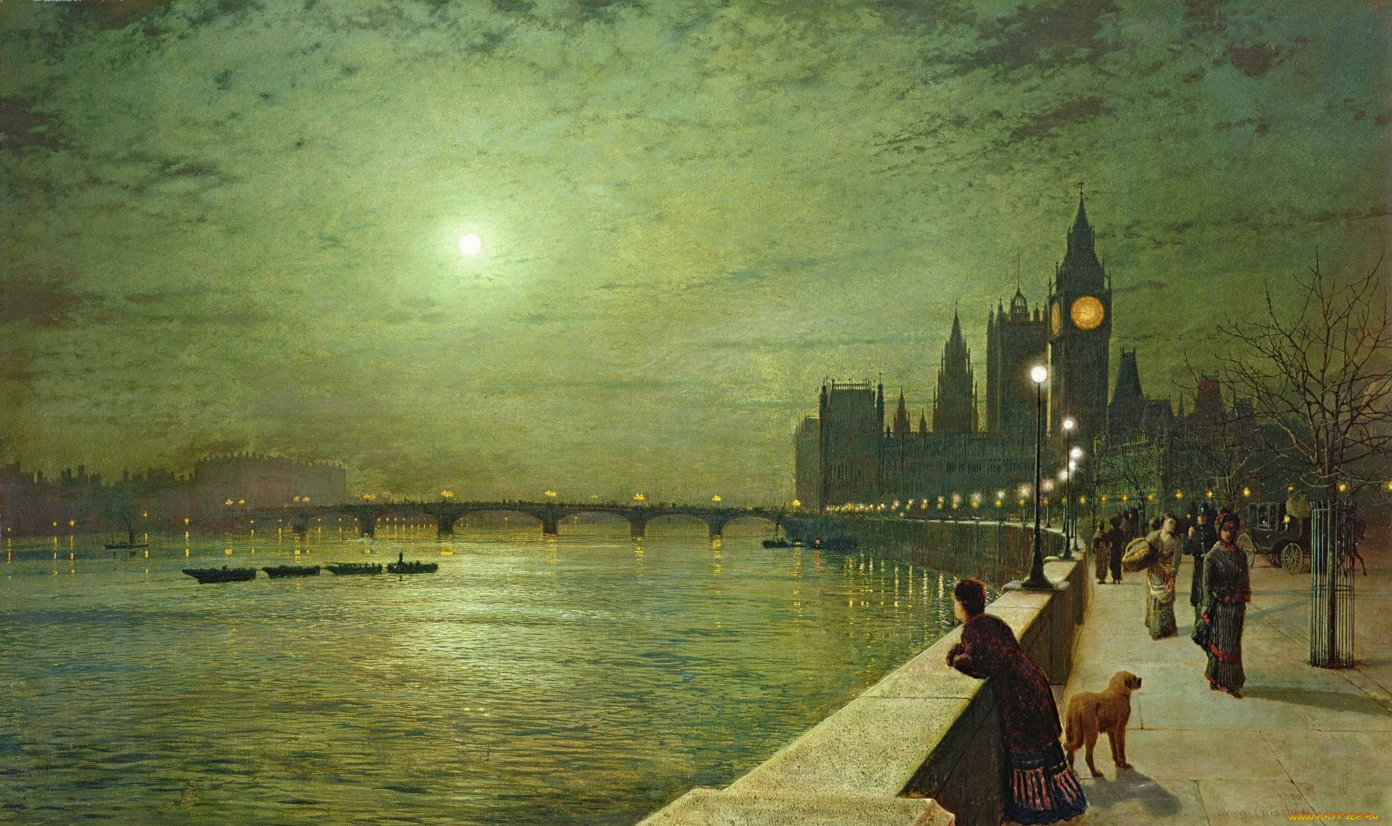 john, atkinson, grimshaw, рисованное, живопись, джон, эткинсон, гримшоу, луна, набережная, парапет, мост, река, фонари, лодки, биг, бен, лондон, англия