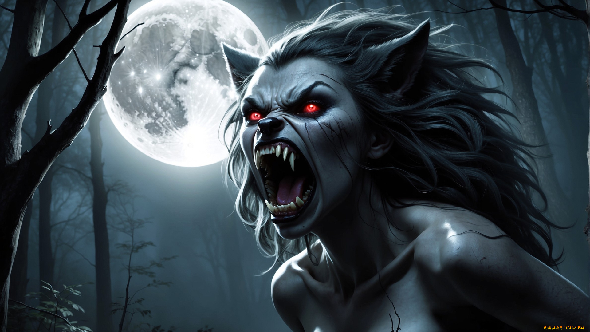 фэнтези, оборотни, женщина, оборотень, крик, луна, лес