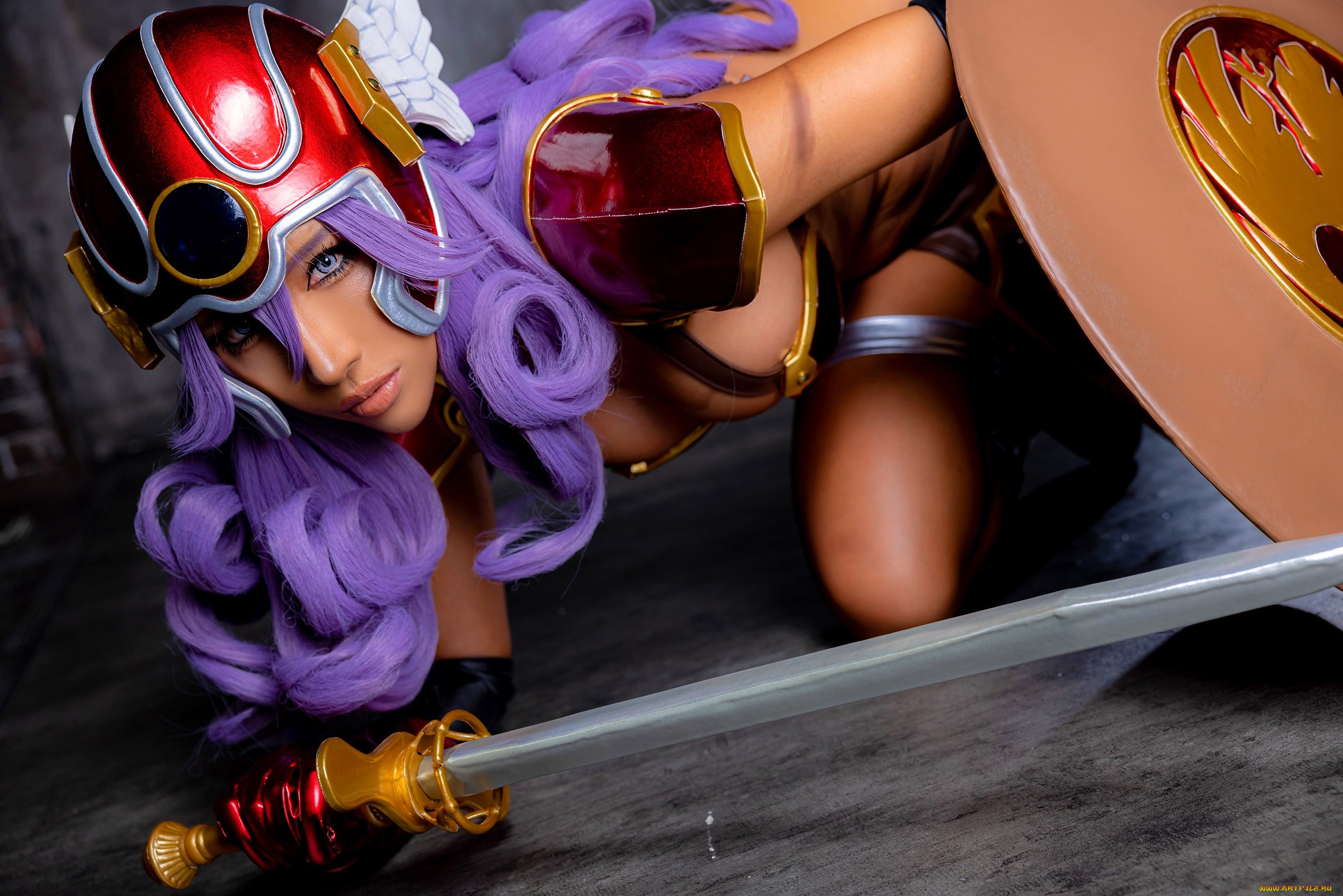 девушки, nonsummerjack, образ, костюм, косплей, шлем, меч, щит