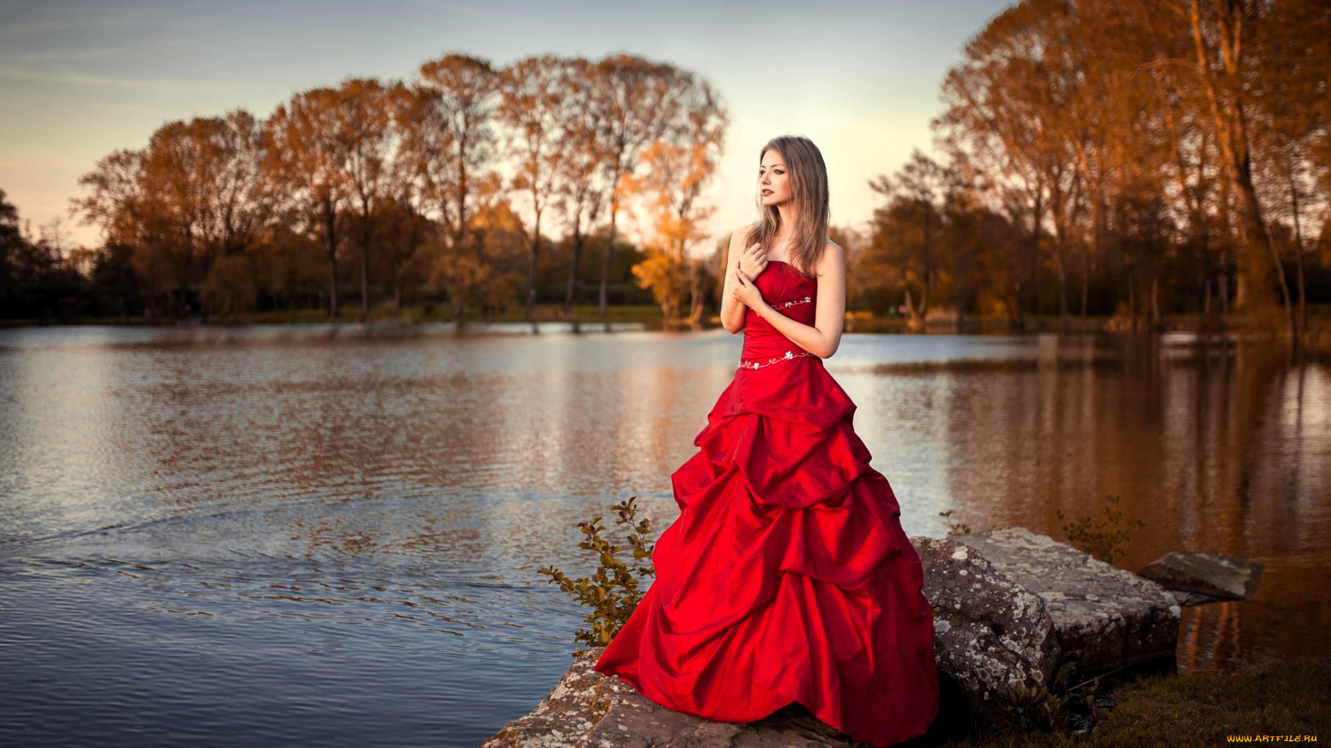 девушки, -, брюнетки, , шатенки, русая, платье, река, камни, берега, лес, деревья, осень