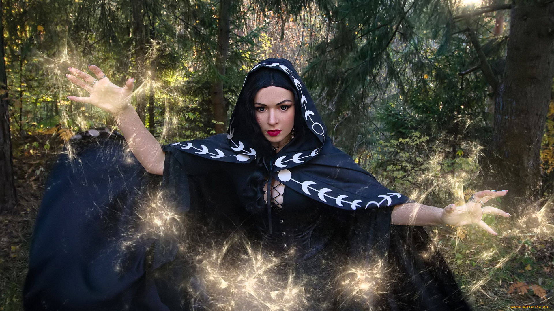 девушки, юлия, огородникова, образ, косплей, костюм, наряд, ведьма, магия, плащ, лес