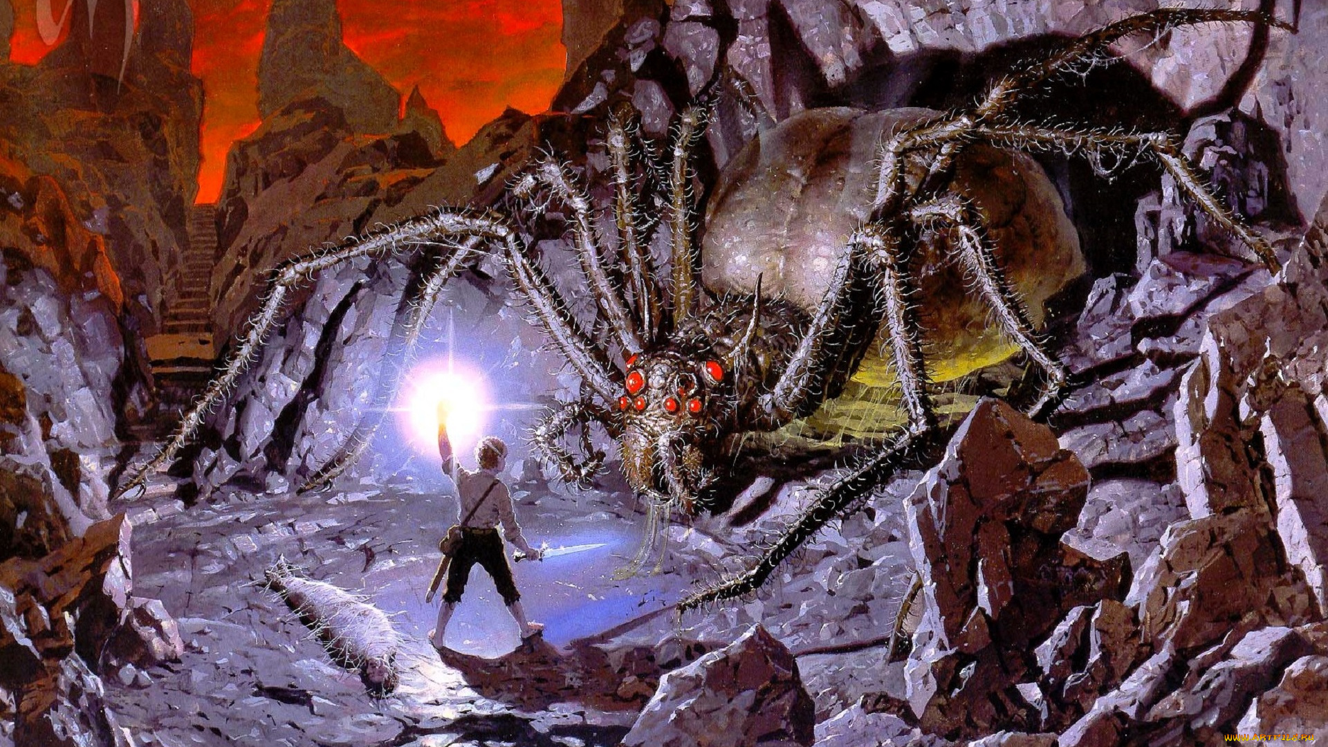 фэнтези, _lord, of, the, rings, скалы, пещера, паук, свет, фродо, крепость, лестница