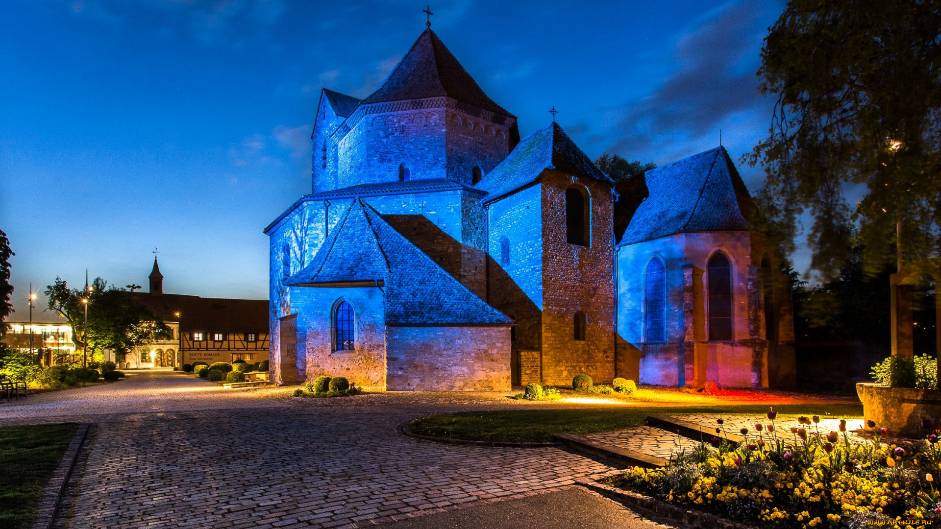 города, -, католические, соборы, , костелы, , аббатства, аббатство, франция, сад, вечер, огни