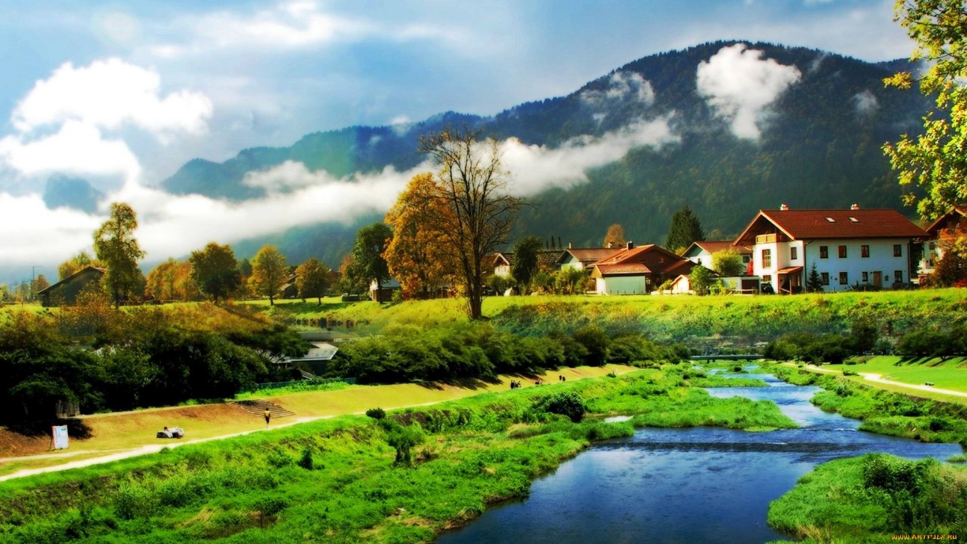 города, -, улицы, , площади, , набережные, горы, облака, дома, поселок, деревья, река