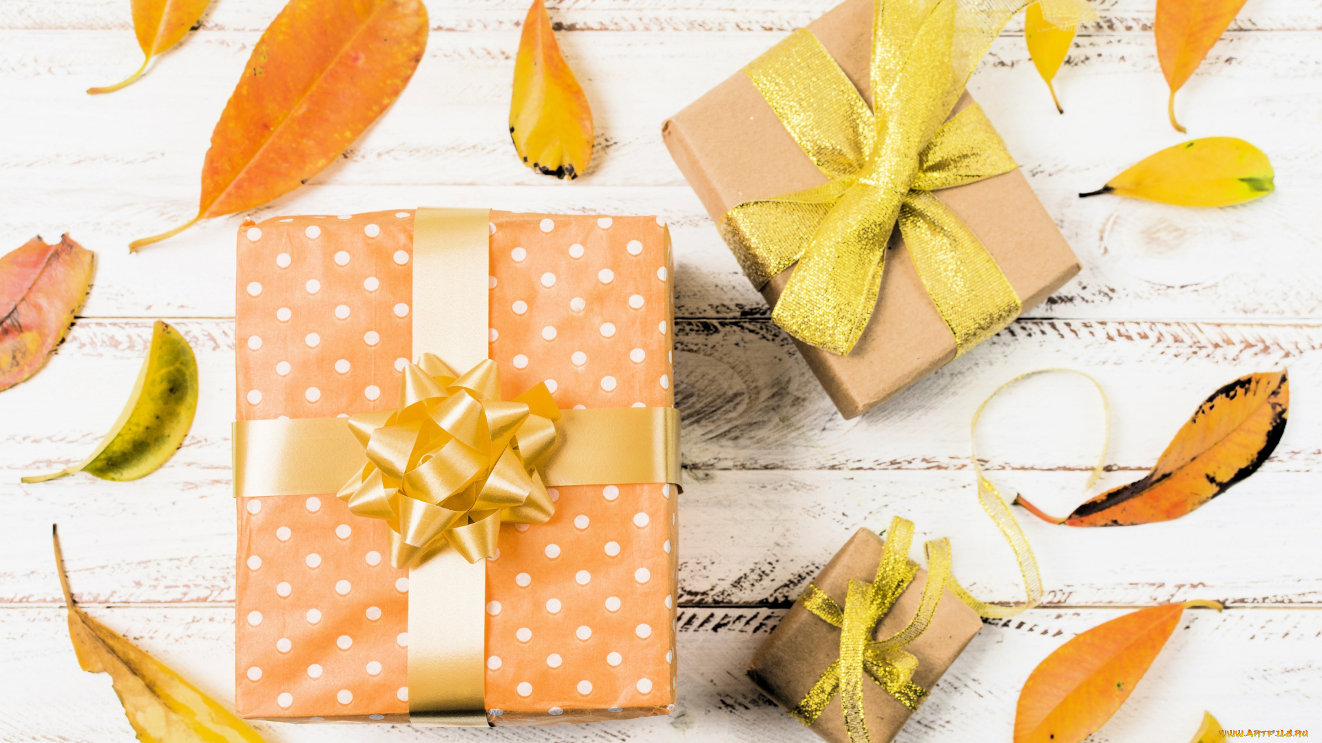 праздничные, подарки, и, коробочки, подарки, коробки, бант, листья, осень