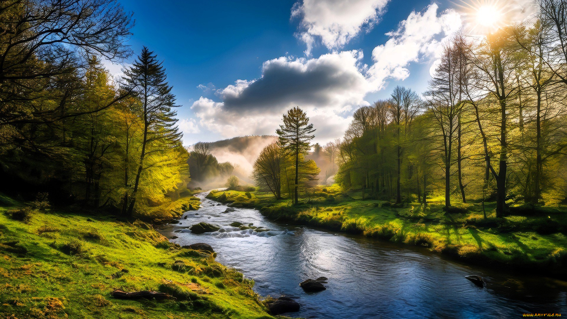 природа, реки, озера, лес, поляны, деревья, река, облака