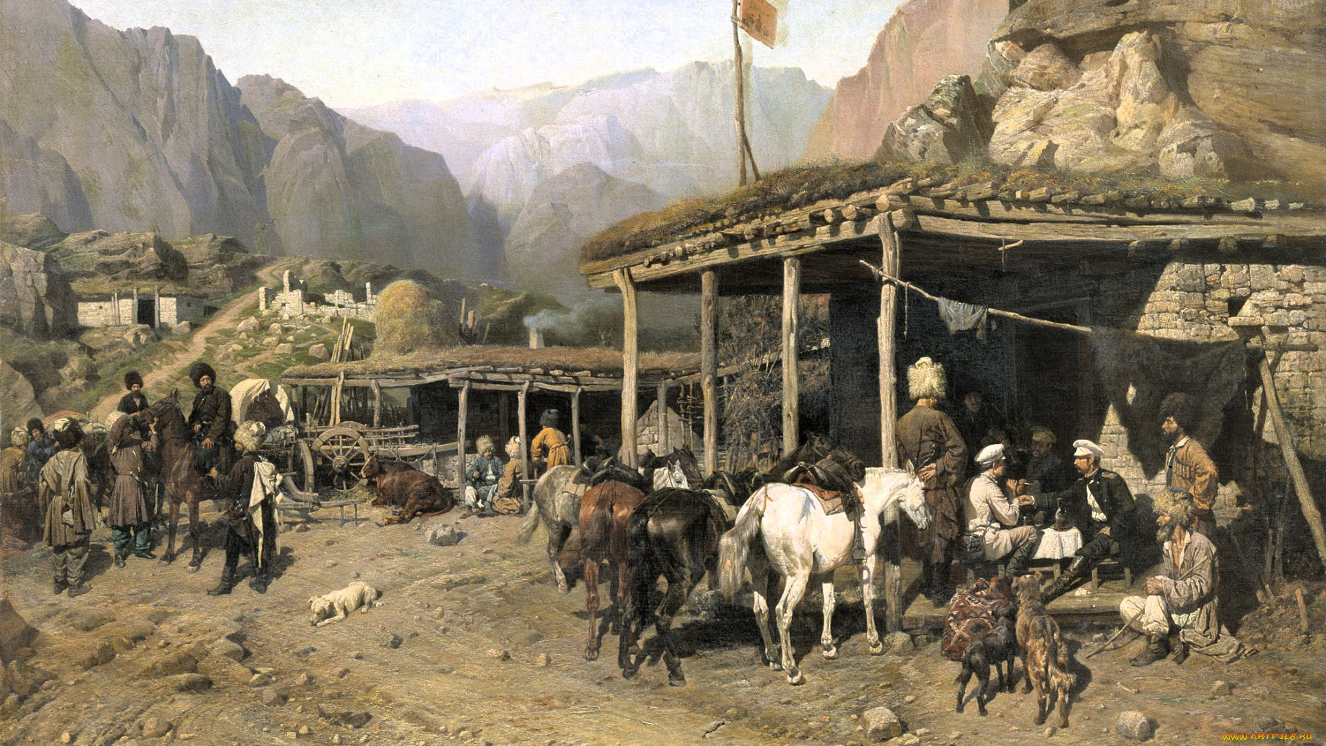 рисованное, павел, ковалевский, горы, селение, люди, животные