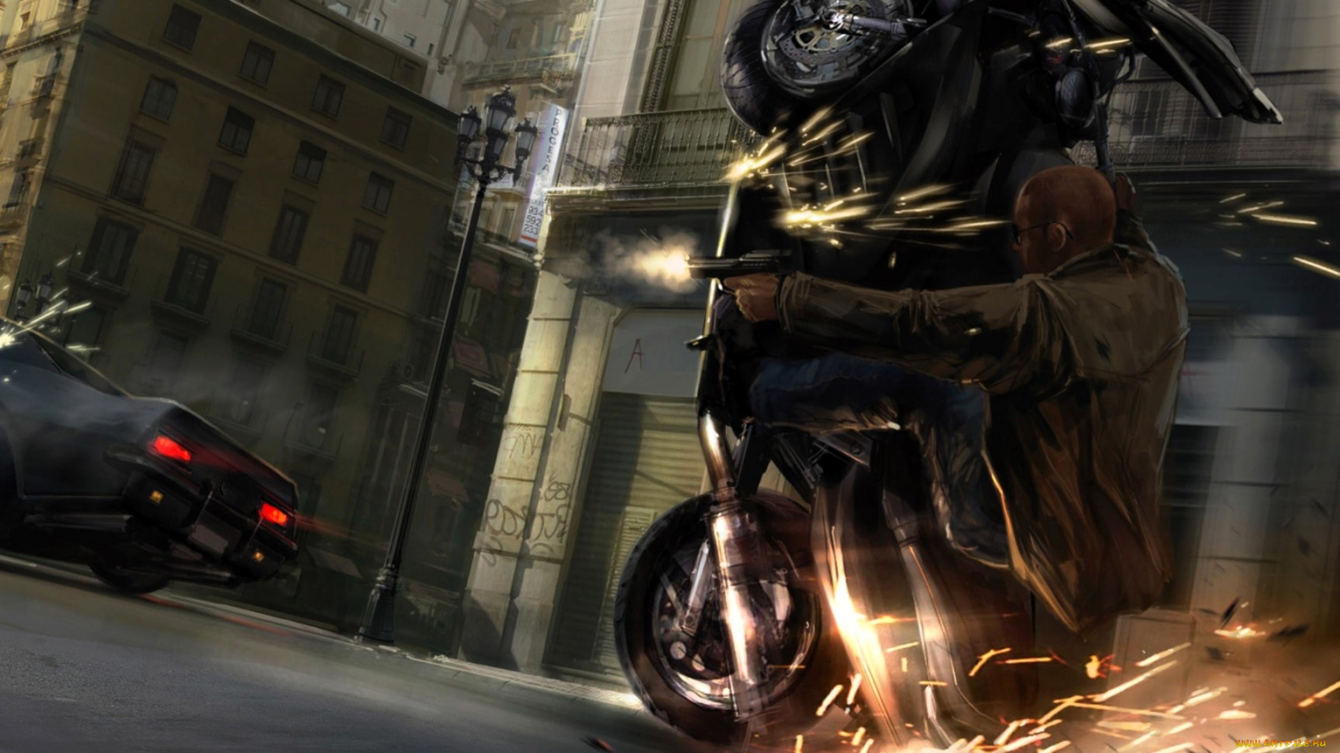 видео, игры, the, wheelman, человек, пистолет, стрельба, мотоцикл, искры, машина, дорога, дома, улица
