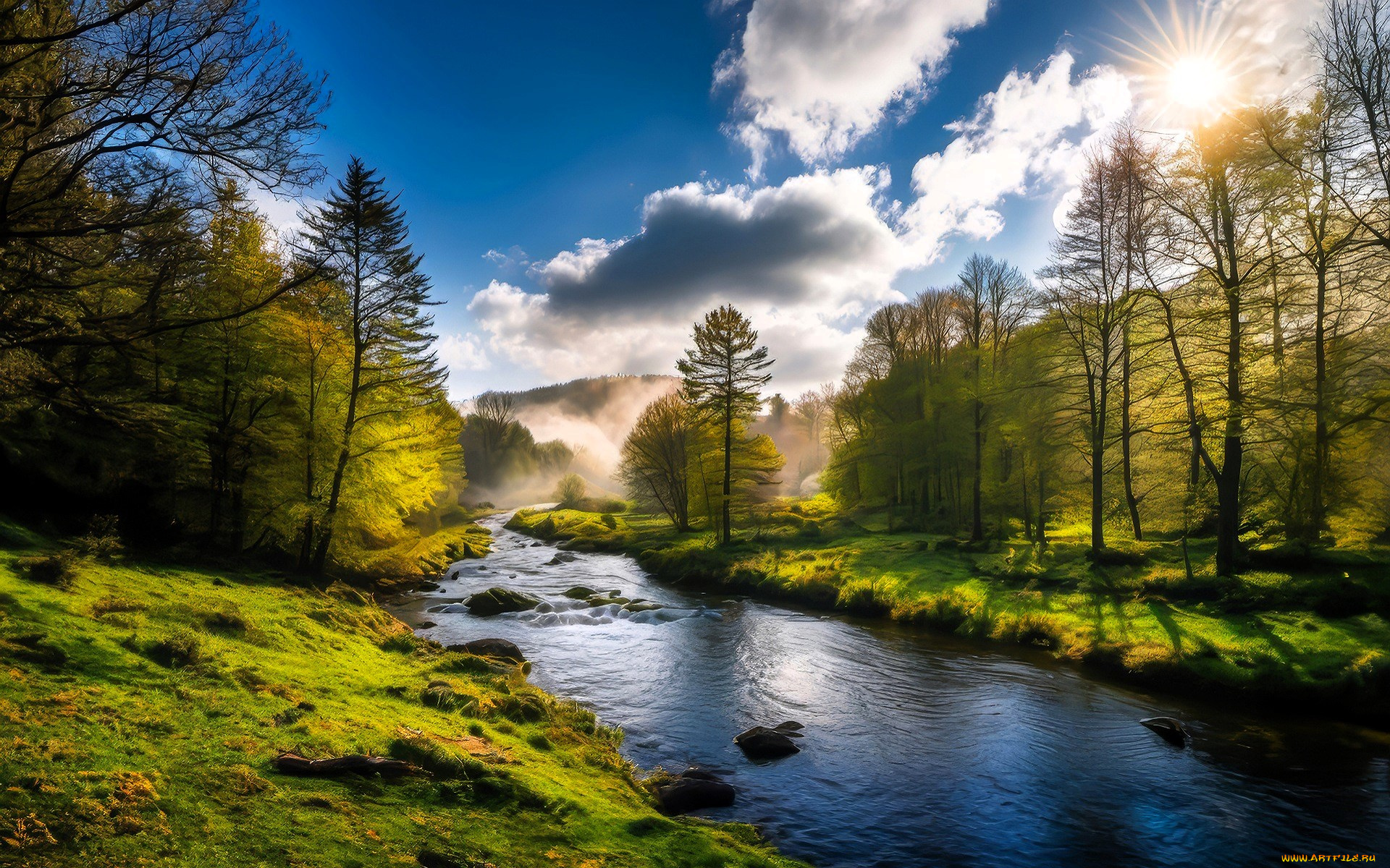 природа, реки, озера, лес, поляны, деревья, река, облака