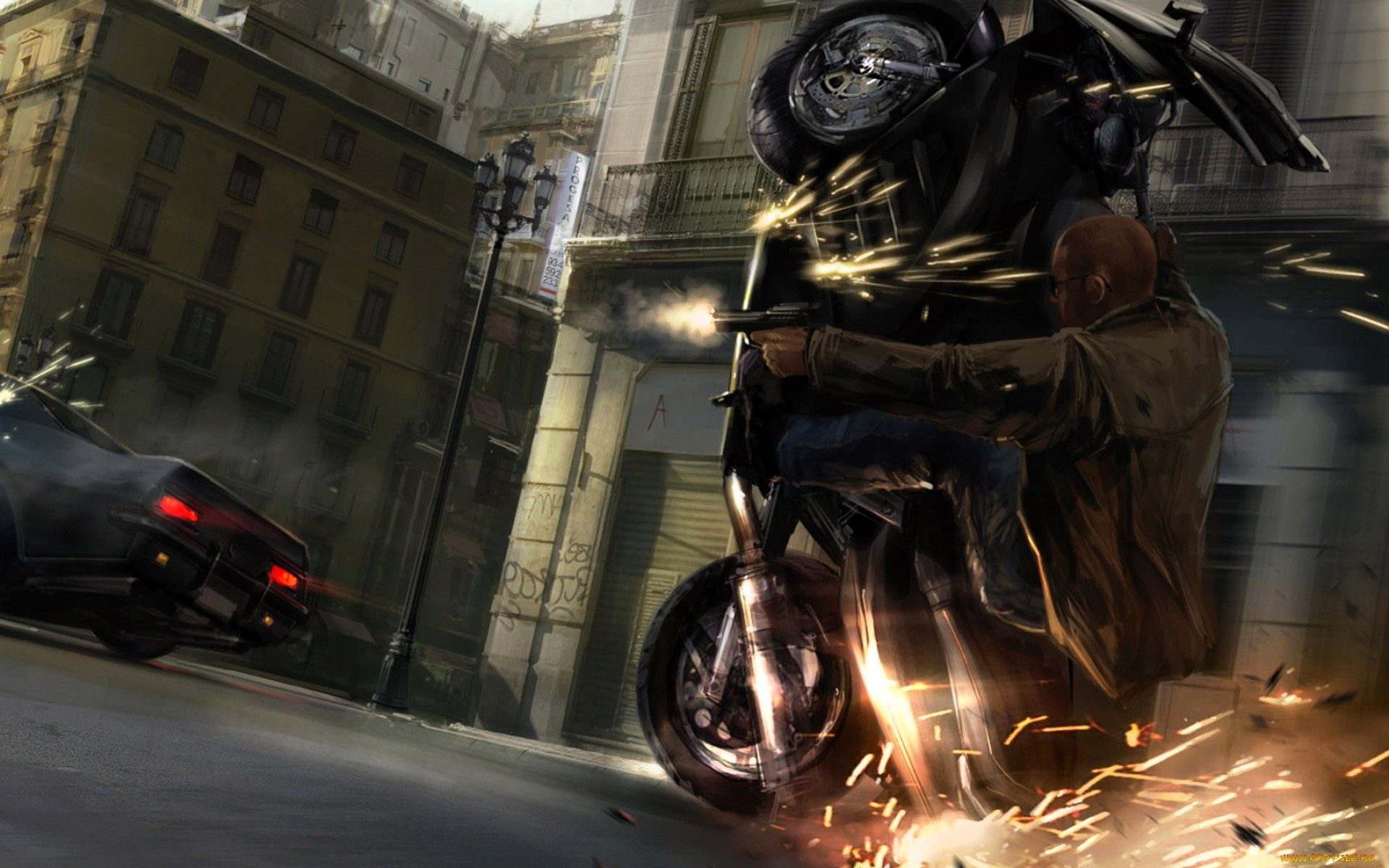 видео, игры, the, wheelman, человек, пистолет, стрельба, мотоцикл, искры, машина, дорога, дома, улица