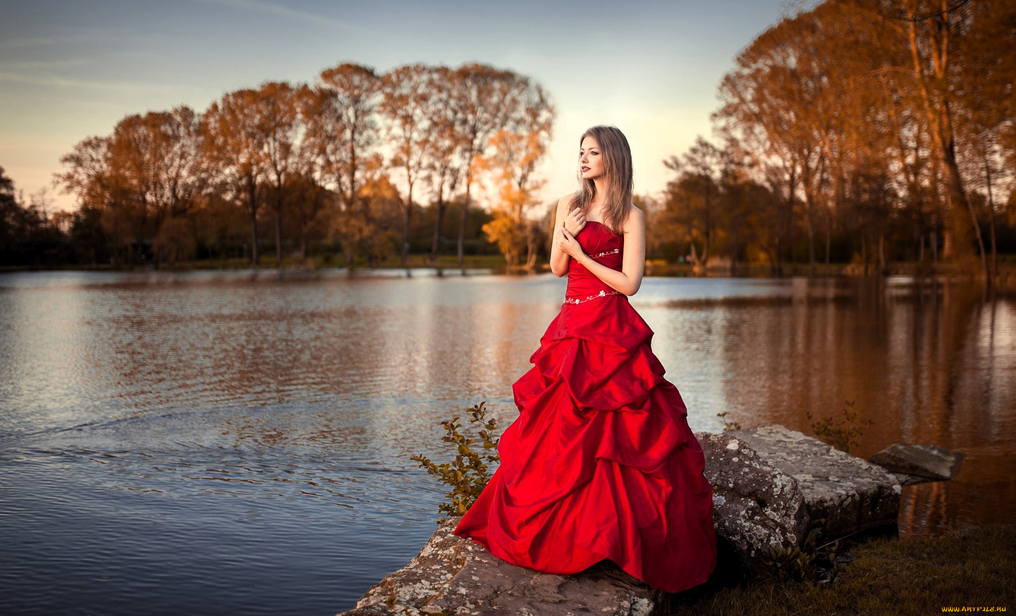 девушки, -, брюнетки, , шатенки, русая, платье, река, камни, берега, лес, деревья, осень